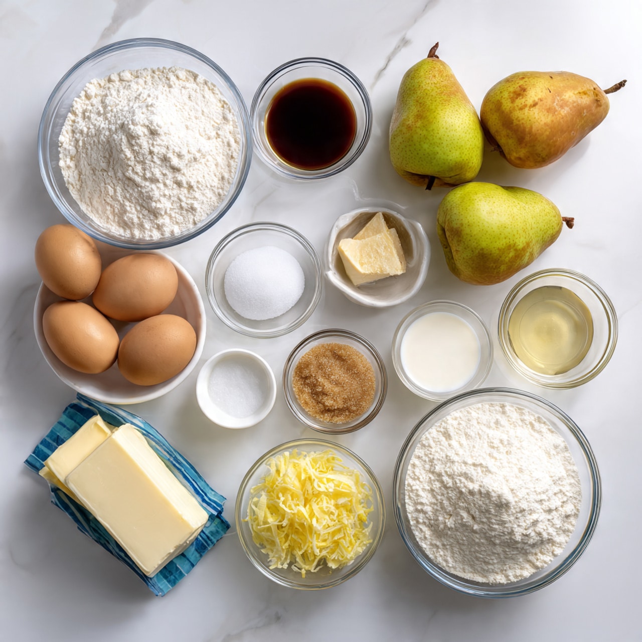 The image shows a white marbled surface with various clear glass bowls and white bowls holding ingredients for baking. Starting from the top left, there is a small glass bowl with white baking powder, next to it a small bowl with dark brown vanilla extract. To the right, two ripe pears with yellow and green skin sit in a white bowl. Below them, a small glass bowl with white salt, and next to it a small bowl filled with light brown brown sugar. In the middle left, a large glass bowl is filled with white flour. Below it, a medium glass bowl holds four brown eggs. To its right, a larger glass bowl filled with white sugar is placed next to a small bowl with bright yellow lemon zest. Near the center bottom, two rectangular sticks of unsalted butter wrapped in blue and white paper rest on the surface. To the bottom left, a white bowl contains clear oil, and next to it another white bowl holds white milk. Finally, a small glass bowl with white powdered sugar completes the setup. All items are neatly arranged on the white marbled surface. Photo taken with an iphone --ar 4:5 --v 7