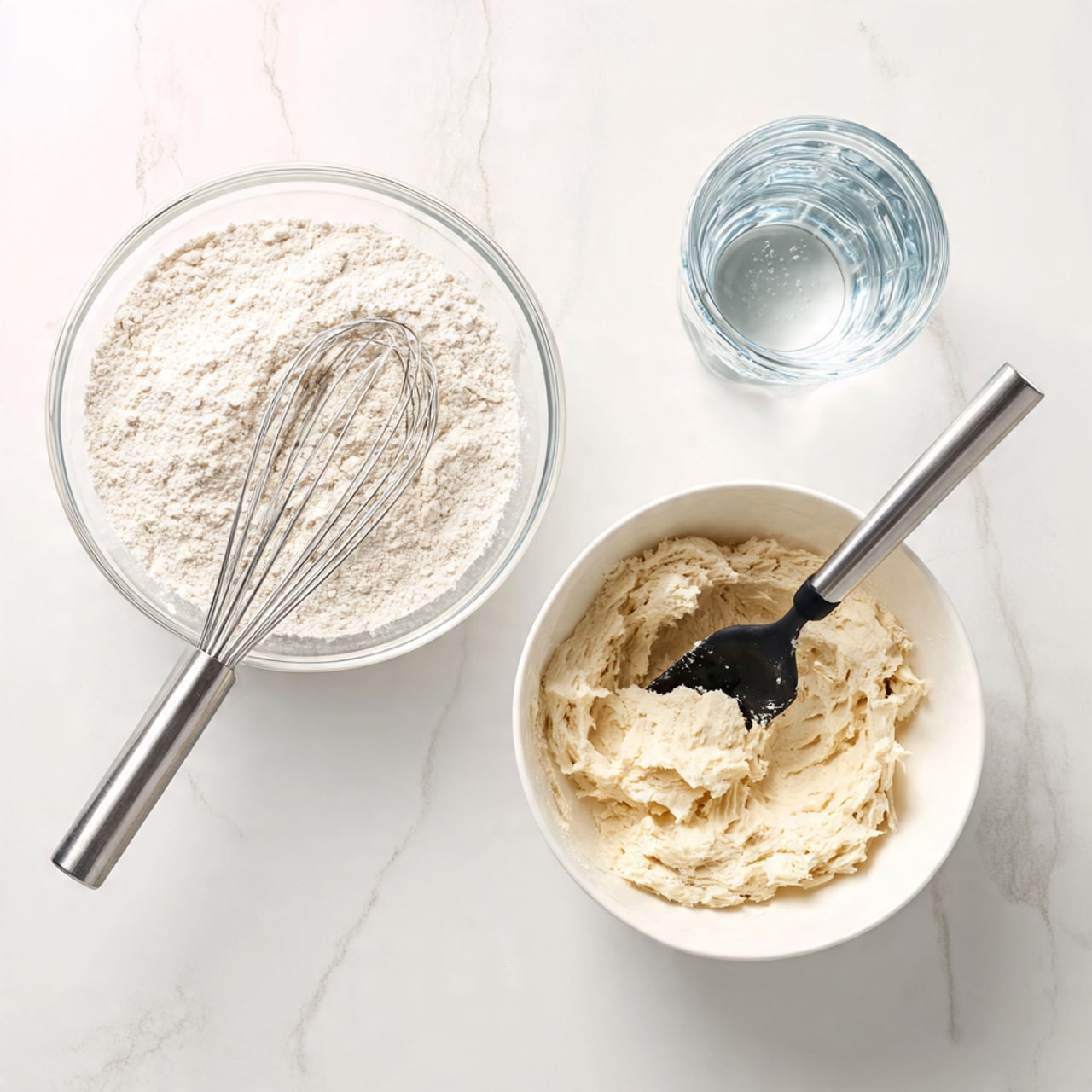 The image shows two white mixing bowls on a white marbled texture. In the left bowl, there is a layer of dry white flour with a silver whisk placed diagonally inside it. Above this bowl, there is a clear glass jar filled with water. The right bowl contains a thick, pale dough mixture with a black spatula resting inside, the dough clinging slightly to the spatula. Both bowls have a smooth, matte finish, and the background is softly wrinkled white paper on the white marbled surface photo taken with an iphone --ar 4:5 --v 7