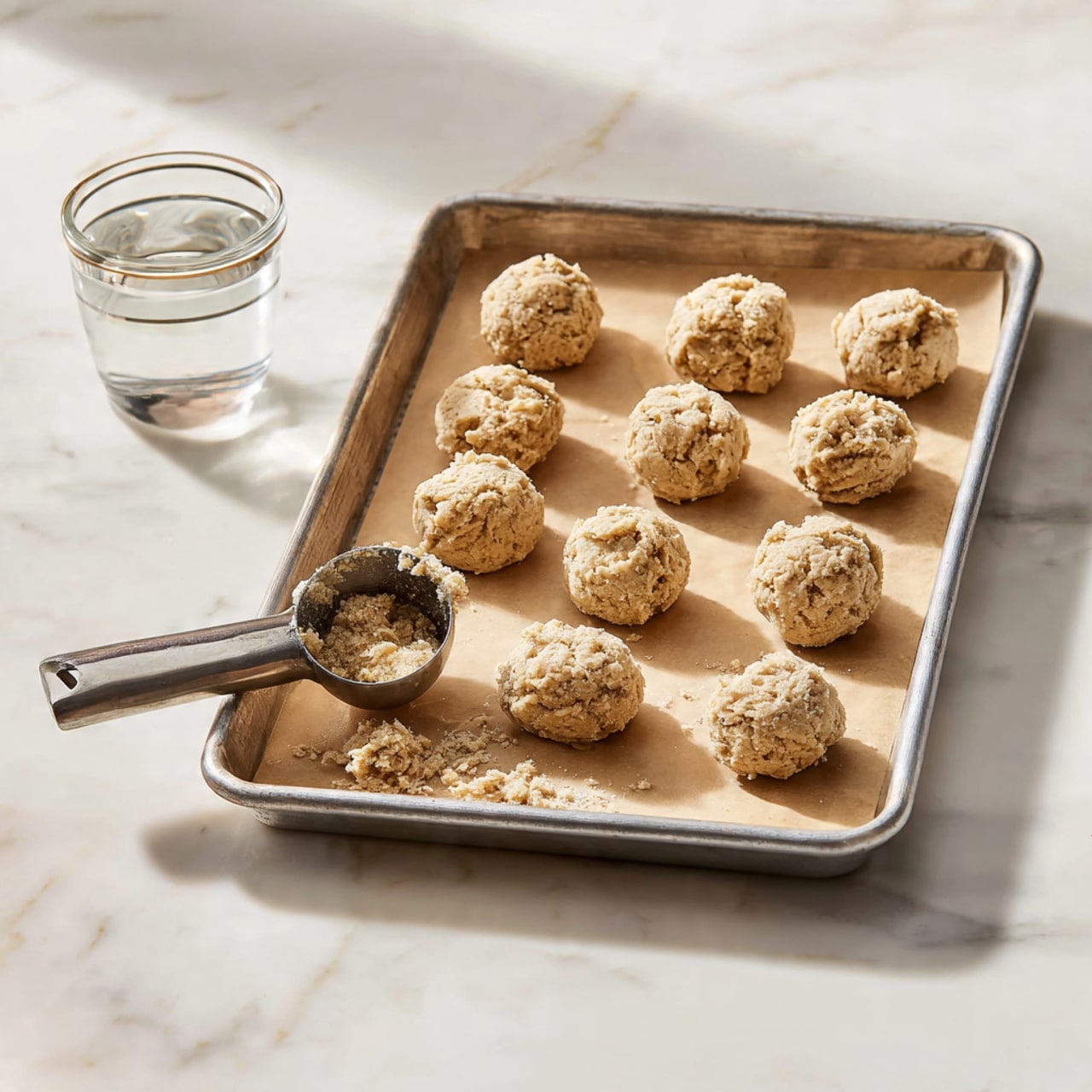 A baking tray filled with two rows of uneaten cookie dough balls, light beige in color, each with small cracks on the top, spaced evenly on top of brown parchment paper. Beside the tray, on a white marbled surface, lies a stainless steel cookie scoop with some dough remnants inside and around it. A clear glass cup is placed nearby in the upper left corner. The overall setting is bright and clean, with soft shadows cast by natural light. photo taken with an iphone --ar 4:5 --v 7