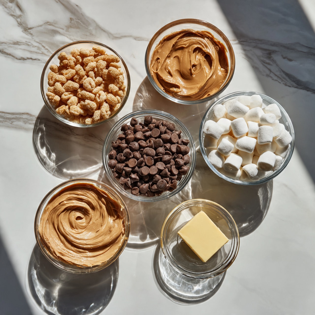 The image shows six clear glass bowls placed on a white marbled surface. The top left bowl is filled with light tan puffed cereal, while the top right bowl contains smooth, light brown peanut butter. In the center right, a larger bowl holds many small, white marshmallows. Below that, a medium bowl filled with round dark brown chocolate chips is visible. The bottom left bowl has a swirl of creamy, light brown peanut butter. Finally, a small bowl near the center left contains a solid square of light yellow butter. The sunlight creates soft shadows and light rings on the surface. Photo taken with an iphone --ar 4:5 --v 7