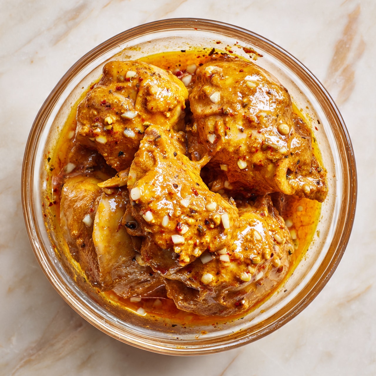 A clear glass bowl filled with several large pieces of raw chicken covered in a thick, orange-brown spicy marinade with visible small bits of garlic and pepper. The chicken pieces are layered loosely on top of each other, showing the texture of the skin and marinade coating. The bowl sits on a white marbled surface with some splashes of marinade on the bowl's inner sides. Photo taken with an iphone --ar 4:5 --v 7