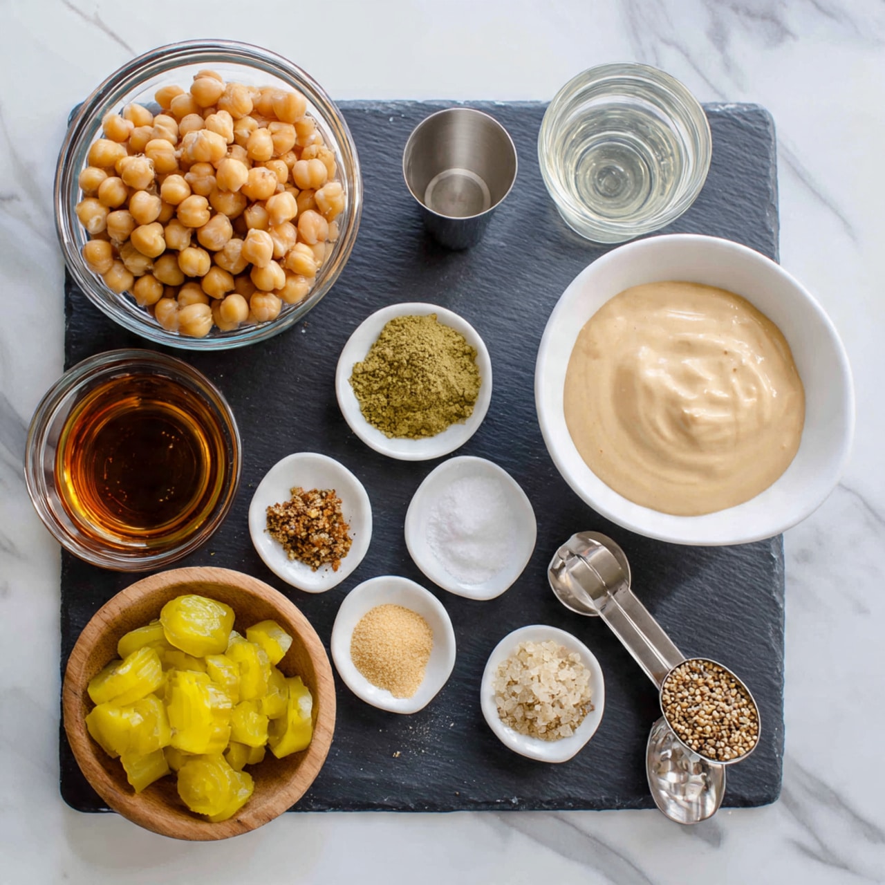 The image shows a set of ingredients arranged on a dark slate board placed on a white marbled surface. At the back, there is a clear glass bowl filled with light brown chickpeas, next to a small silver cup with a clear liquid. To the right, a white bowl holds a smooth, beige creamy sauce. On the left, a white bowl contains six different seasonings in small piles: a yellow powder, green flakes, brown powder, white crystals, and two beige powders. In front of these, there is a small wooden bowl full of bright yellow sliced pickles. Two silver measuring spoons lie in the front: the left one holds a dark amber liquid marked ½ tbsp, and the right one contains grainy mustard seeds marked 1 tsp. photo taken with an iphone --ar 4:5 --v 7