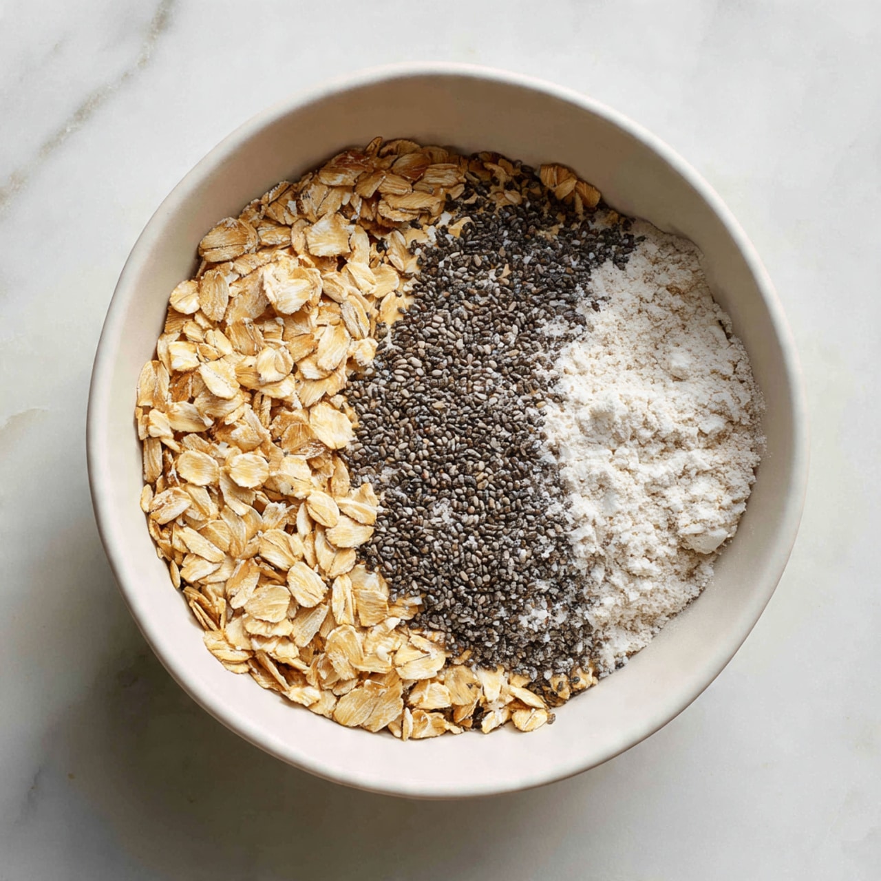 A white bowl on a white marbled surface holds three dry ingredients neatly arranged in separate sections. On the left and bottom side, there is a layer of light brown oat flakes with a rough texture. In the middle section, a darker layer of small, shiny black chia seeds fills the space with a rough but tiny texture. On the right side, a fine white powder, possibly desiccated coconut or flour, forms the third layer. The ingredients create a visually balanced pattern inside the bowl. Photo taken with an iphone --ar 4:5 --v 7
