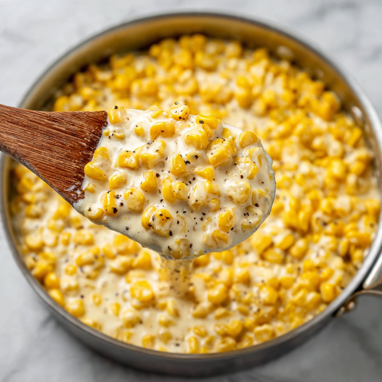 A white bowl filled with a creamy corn dish showing two layers: the first layer is bright yellow cooked corn kernels, and the second layer is a thick, white cream sauce that covers the corn, making it look soft and smooth. A silver spoon is placed inside the bowl on the right side, slightly buried under the corn mixture. The bowl sits on a white marbled surface with a black and white striped cloth partially visible on the left side. photo taken with an iphone --ar 4:5 --v 7