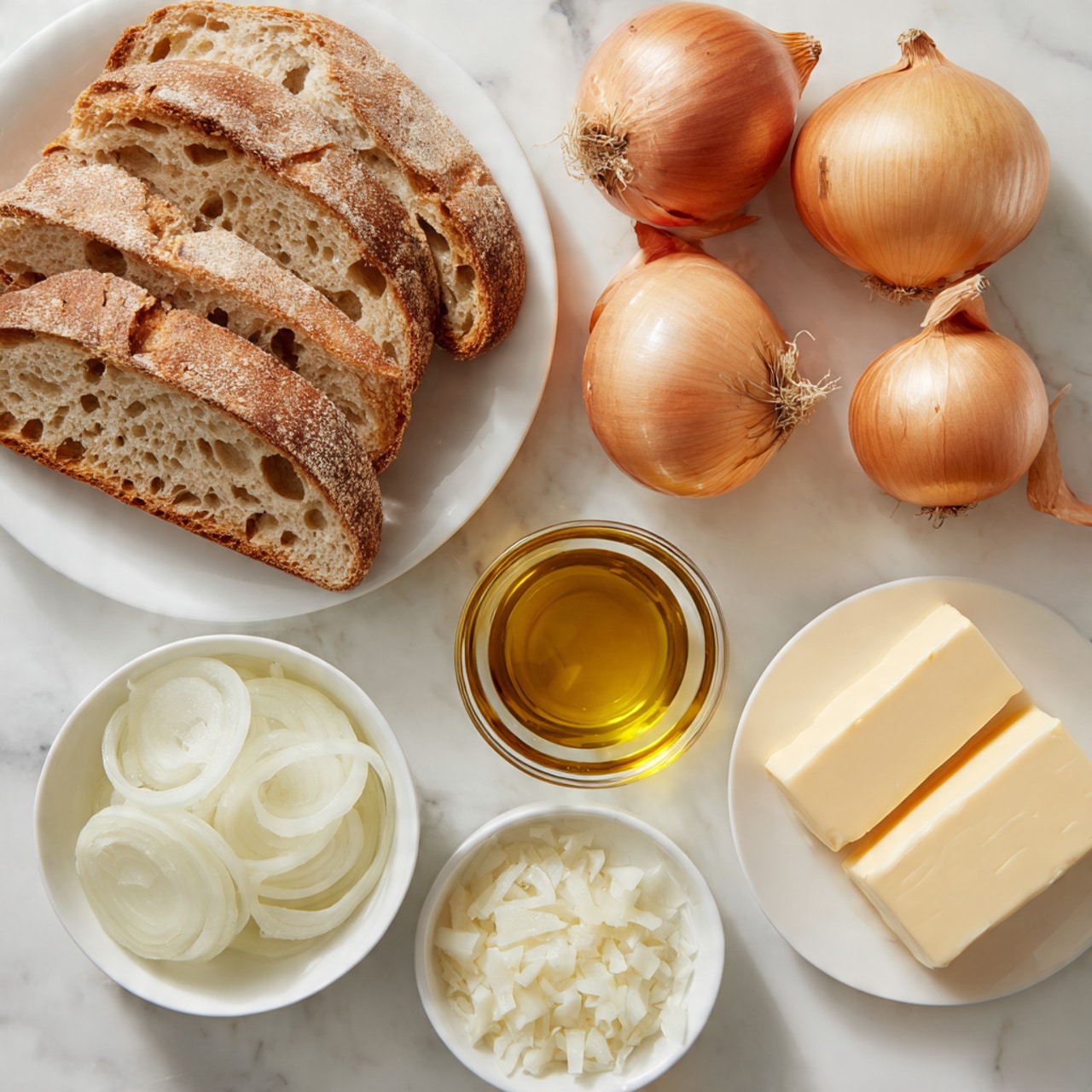 The image shows a white marble surface with a variety of ingredients placed separately. On the left side, there are three slices of rustic bread with a light brown crust and airy inside, stacked on a white plate, with a whole loaf of bread beside them. Above the bread, three whole onions with light brown skin and roots are placed close together. To the right of the onions, there is a small clear glass bowl filled with golden olive oil. Below the bowl, a white dish contains thinly sliced white onions, and next to it, a small white bowl holds chopped white onions. On the far right, a block of pale yellow cheese sits on the marble surface. Below the cheese, two thick slices of butter are placed on a separate white plate. The overall arrangement is clean, simple, and natural. photo taken with an iphone --ar 4:5 --v 7