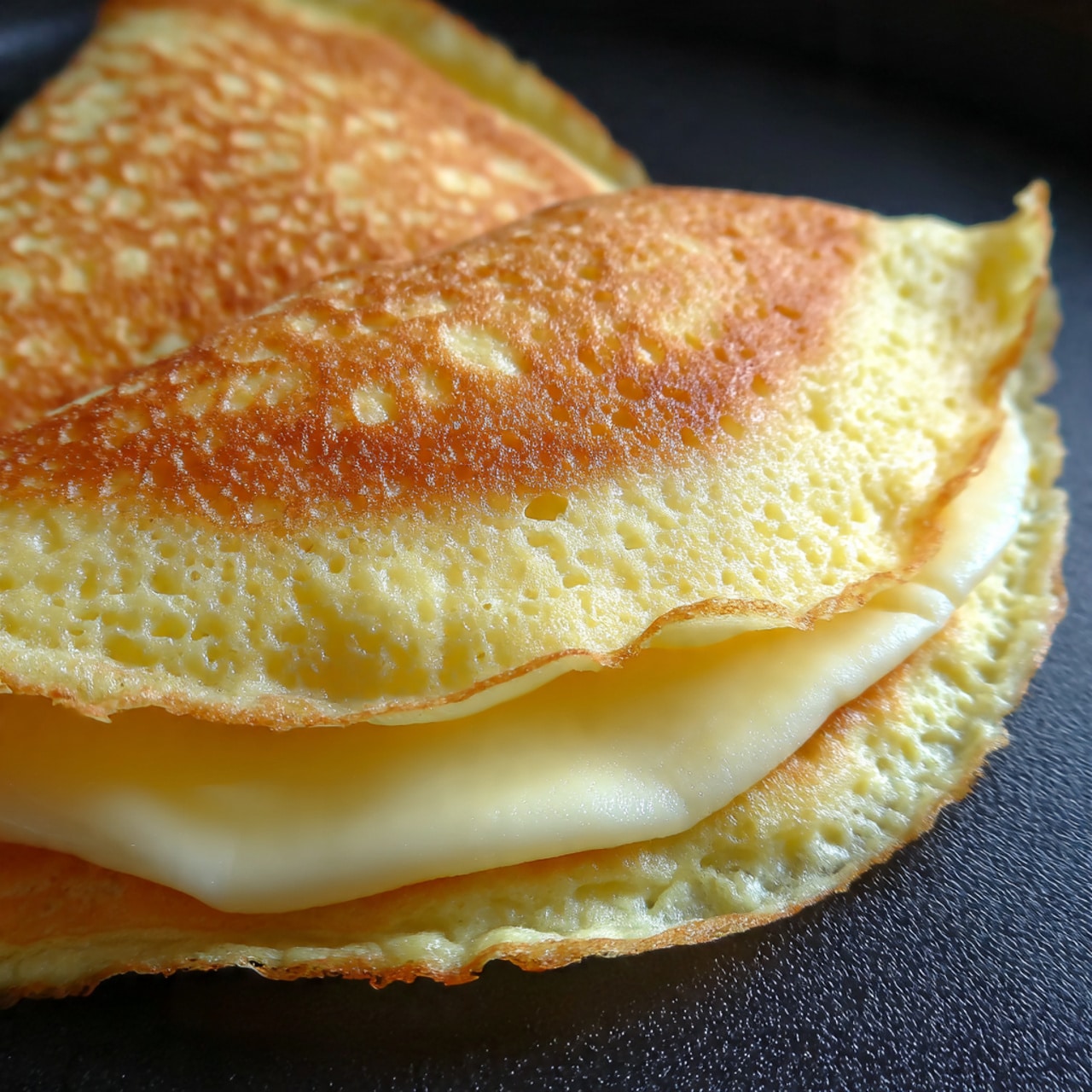 A close-up of a single folded omelet with a golden-brown outer layer that has a slightly crisp texture on top. Inside, there is a smooth, pale white slice of cheese visible between the two yellow layers of the omelet, which look soft and fluffy. The omelet sits directly on a black surface, with the edges slightly curled up, showing the thickness and texture of the layers. The background has a gentle blur focusing on the omelet. photo taken with an iphone --ar 4:5 --v 7