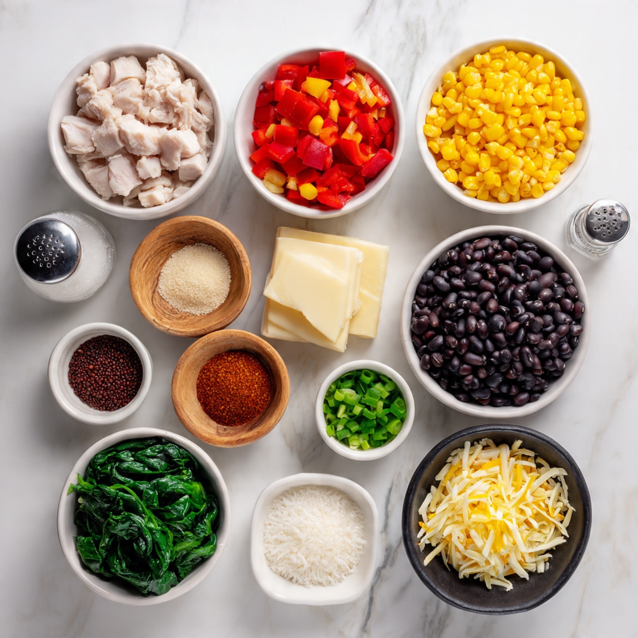 The image shows several small white bowls and one light wooden bowl arranged on a white marbled surface, each holding different food items. Starting from the top left, there is a white bowl filled with chopped light-colored cooked chicken, next to it a white bowl with bright red diced bell peppers, and a white bowl with shiny yellow corn kernels. In the center, there is a stack of folded pale beige pastry sheets. Below the chicken is a small white bowl with light brown granules, followed by a white bowl of deep green chopped spinach at the bottom left. Next to the spinach is a small white bowl with reddish-brown spice powder, and beside it at bottom center is a small white bowl with white granules. To the right of the pastry sheets is a small white bowl with chopped green scallions, below which is a larger light wooden bowl filled with dark black beans. To the right of the beans is a black bowl piled with a mix of yellow and white shredded cheese, and finally, a clear small salt shaker rests at the bottom right corner. All items create a neat grid-like layout. Photo taken with an iphone --ar 4:5 --v 7