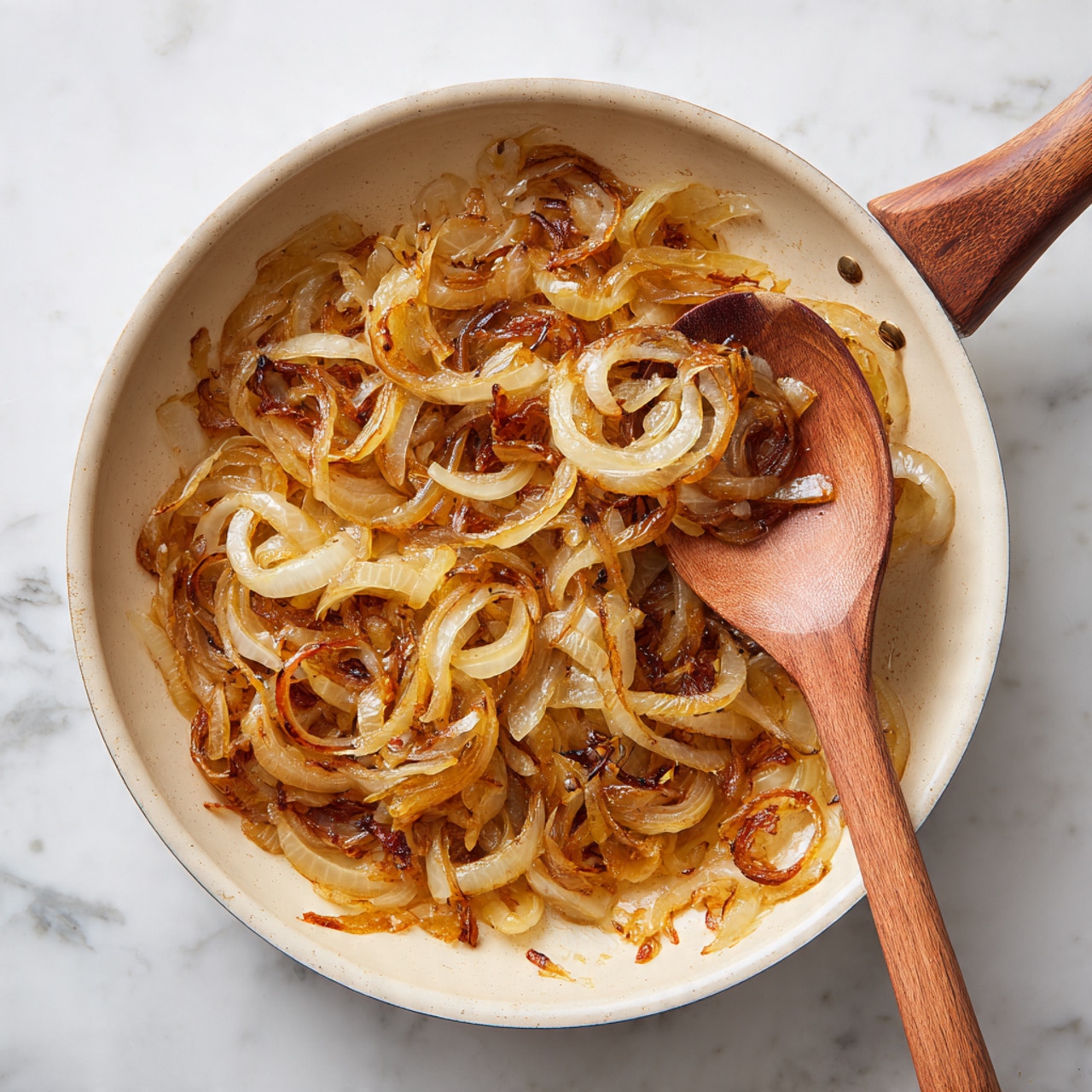 The image shows a light-colored frying pan filled with cooked onion slices that are golden brown with darker caramelized spots, creating a mix of shiny and slightly crisp textures. The onions are thinly sliced and rest in layers, with some pieces curling slightly. A wooden spoon with a smooth surface is placed inside the pan, partially resting on the onions. The pan is set on a white marbled surface. photo taken with an iphone --ar 4:5 --v 7