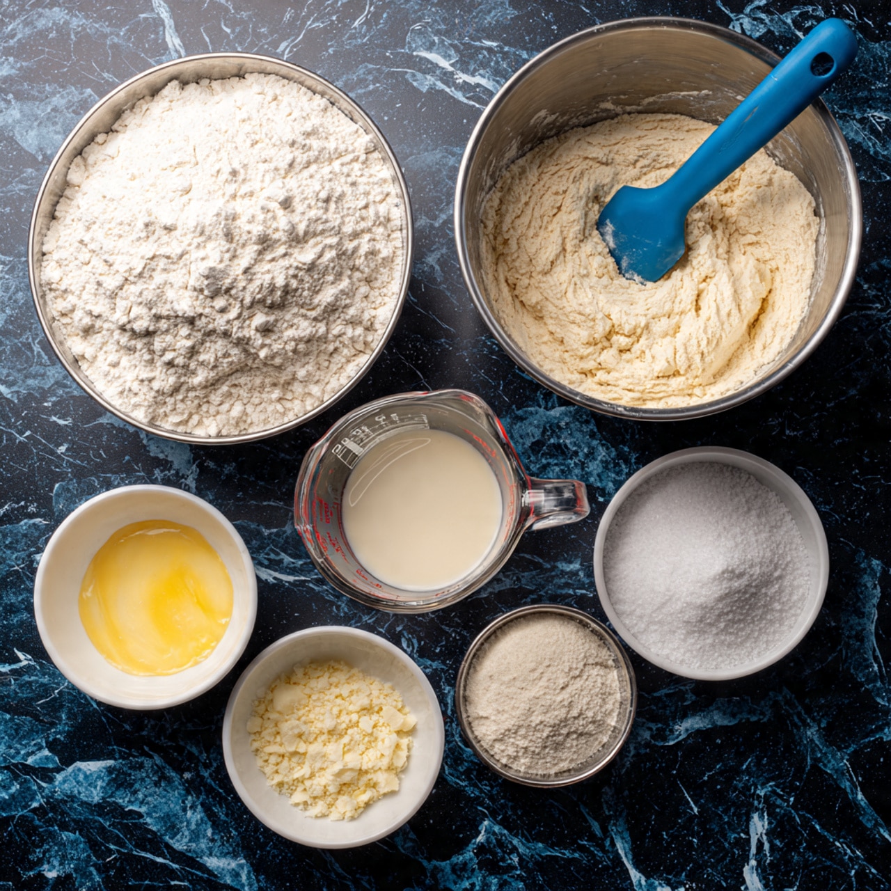 The image shows several bowls and a measuring cup placed on a dark marbled surface, with a mix of dry and wet ingredients prepared for baking. There is a large metal bowl filled with white flour at the top, and below it, another metal bowl contains a beige batter being stirred with a blue spatula. Next to these, a glass measuring cup contains a creamy white liquid. Surrounding these are small white bowls holding yellow melted butter, a mix of white sugar and beige yeast, and fine salt. The scene captures a clean and organized setup of ingredients ready for a bread or dough recipe, photo taken with an iphone --ar 4:5 --v 7