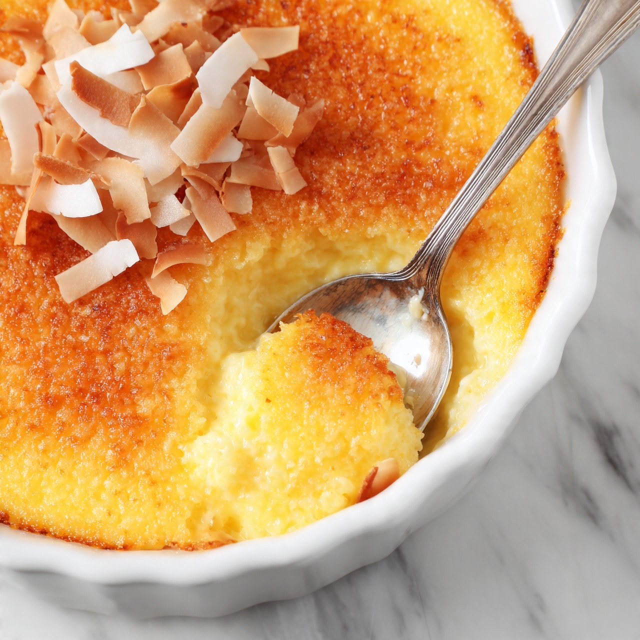 This image shows a white oval dish filled with a golden baked dessert that has a rough textured top layer with toasted brown coconut flakes scattered across the center. The dessert has a thick, moist, and slightly crumbly yellow base layer visible where a spoon has scooped out some serving from the left side. The spoon rests inside the dish, holding a clump of the yellow base. The edges of the dessert are browned, giving a crispy look against the smooth white marbled surface beneath the dish. photo taken with an iphone --ar 4:5 --v 7