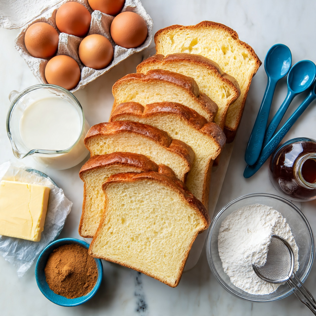 The image shows seven slices of light yellow bread with a soft texture and golden crust, stacked slightly fanned out on a white marbled surface. Around the bread are baking ingredients: four brown eggs in a white carton at the top left, a glass measuring cup with white milk below the eggs, a small glass bottle with dark brown liquid next to the milk, a stick of pale yellow butter wrapped in paper at the bottom left, a small blue bowl filled with brown cinnamon powder near the butter, and a clear bowl filled with white powdered sugar with a small metal sifter resting on top at the bottom right. Next to the bread at the top right are three blue measuring spoons and a small dark bottle, and part of a frying pan with a teal handle is visible. photo taken with an iphone --ar 4:5 --v 7