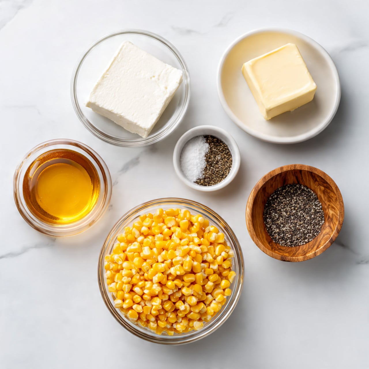 The image shows five small clear glass and white bowls placed on a white marbled surface. The largest bowl at the bottom is filled with bright yellow frozen corn kernels. Above it, a clear glass bowl holds a thick block of white cream cheese. To the right, a white bowl contains a square piece of pale yellow butter. Next to it, a small wooden bowl has a mix of white salt and black pepper. On the left side, another white bowl holds golden honey with a smooth texture. All the ingredients are spread out and clearly labeled. photo taken with an iphone --ar 4:5 --v 7