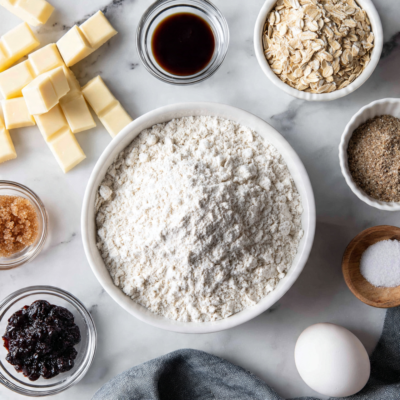 The image shows a top view of baking ingredients arranged neatly on a white marbled surface. In the center is a white bowl filled with white flour mixed with baking soda, visible as a powdery white layer. Surrounding it are small clear glass bowls: one with light and dark brown sugars mixed with white sugar, another with dark brown oats, and a third with dark molasses. On the left side, a pile of white chocolate pieces and two sticks of yellow butter are placed directly on the surface. Near the top right, a small white ceramic bowl contains a mix of brown and beige spices next to a single white egg. Below them, a small white bowl of salt and a smaller one with dark espresso powder sit side by side. A folded gray cloth napkin is on the right edge. Photo taken with an iphone --ar 4:5 --v 7