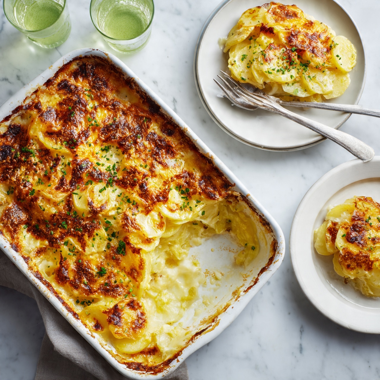 The image shows a white baking tray with a golden brown potato gratin, where several round potato slices create two visible layers; the top layer is crispy and browned with melted cheese and sprinkled green herbs, likely chopped chives. Next to the tray are two white plates, each with a serving of the potato gratin layered evenly, topped with more green herbs. One plate has a silver fork resting on it, holding a few potato slices, with the woman's hand just visible near the edge. The scene is set on a white marbled surface, with two clear glasses of light green liquid and some stacked white plates in the background. photo taken with an iphone --ar 4:5 --v 7