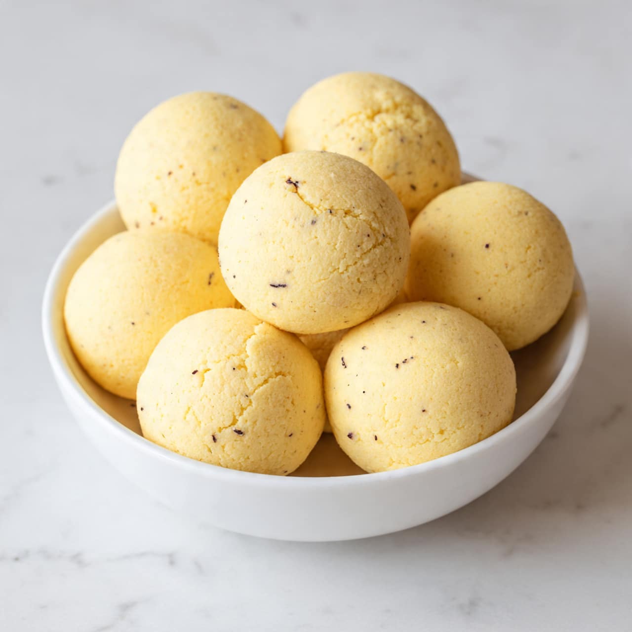 A white bowl sits on a white marbled surface, filled with twelve small, smooth, round yellow balls that have a slightly shiny texture, indicating a soft and moist consistency. The balls are evenly spaced and arranged in a single layer within the bowl, showing some subtle cracks and a few small black specks on their surface. photo taken with an iphone --ar 4:5 --v 7