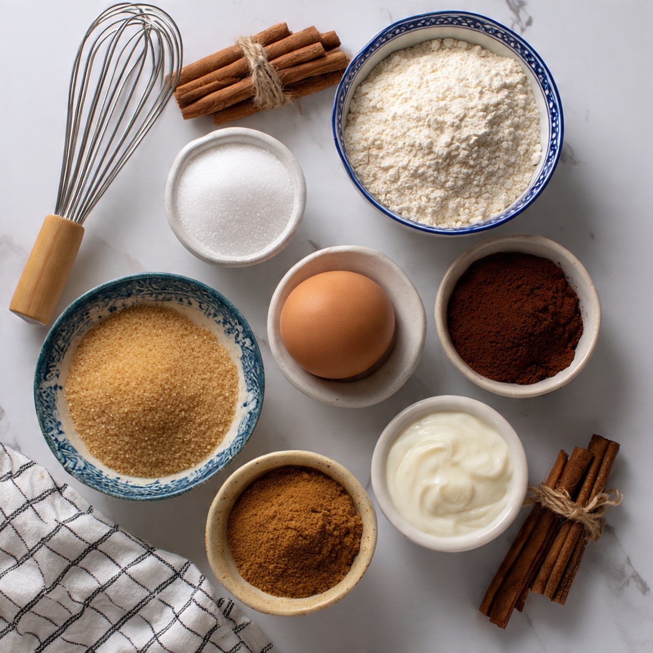 A collection of baking ingredients is arranged on a white marbled surface. There is one brown egg in the center, surrounded by seven bowls filled with different powders and granules: white flour in a white bowl with blue trim on the right, white granulated sugar in a plain white bowl on the top left, light brown sugar in a small white bowl below the egg, and a small white bowl with a light powder of what appears to be baking powder or salt. A bowl of white yogurt or sour cream sits in the bottom right, also white with blue trim. A white bowl filled with a dark brown powder, probably cocoa or cinnamon, is at the top right. A small beige bowl with a darker brown powder, likely cinnamon, is near the bottom. A metal whisk lies on the left side and three cinnamon sticks tied with twine rest near the top left. A checked white and black kitchen towel is partially visible in the bottom right corner. Photo taken with an iphone --ar 4:5 --v 7