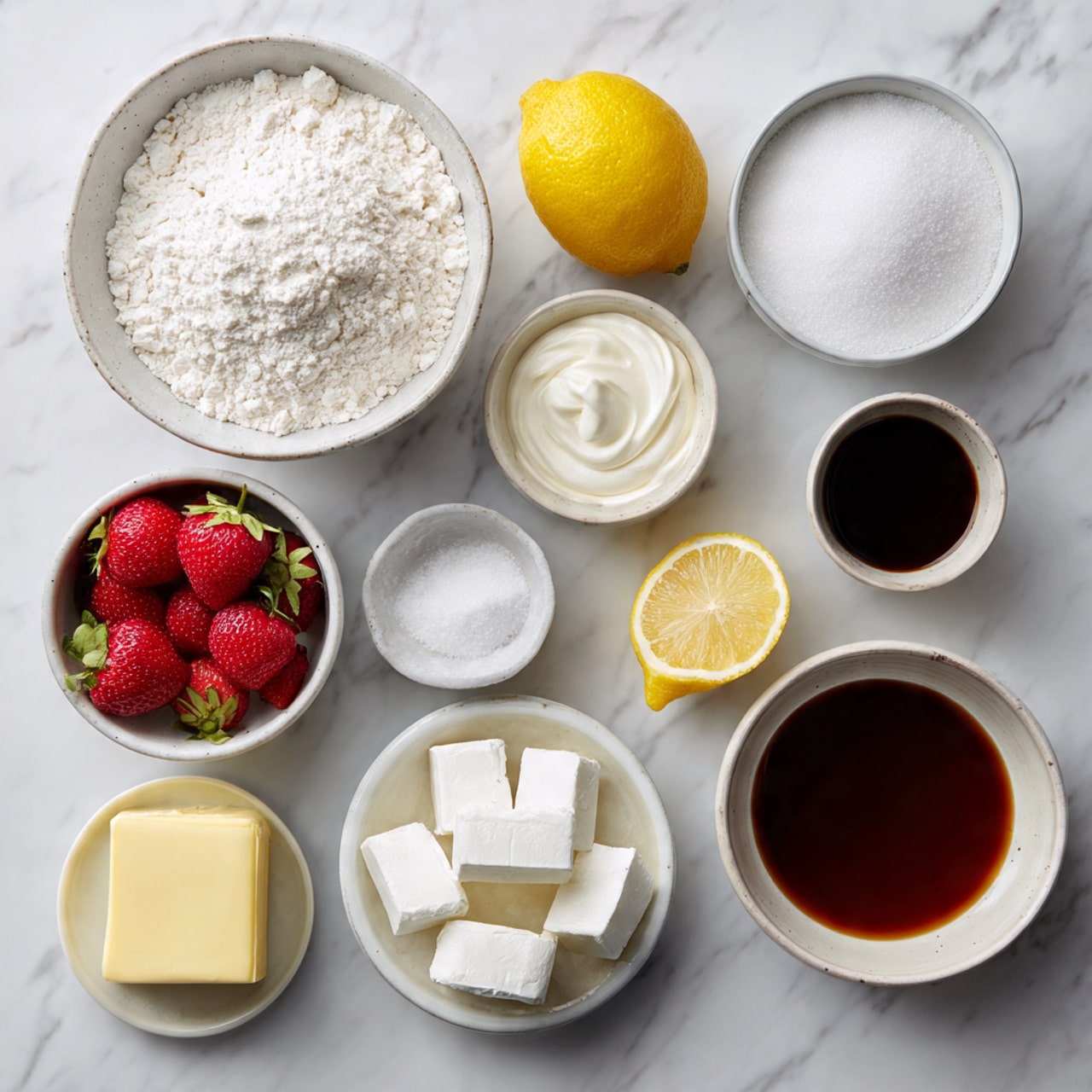 A top view of multiple small white bowls arranged on a white marbled surface, each filled with different ingredients. From the left, there is a large clear bowl filled with white flour, below it a clear glass filled with white cream, next to it a bright yellow lemon, and above the lemon a small white bowl with white powder. In the center is a small wooden bowl with shiny red strawberries with green tops. To the top right of the strawberries is a small white bowl with a dark brown liquid, next to it a small empty white bowl. On the far right is a small beige plate with chunks of pale yellow butter, and near it another small white bowl filled with white granulated sugar. photo taken with an iphone --ar 4:5 --v 7