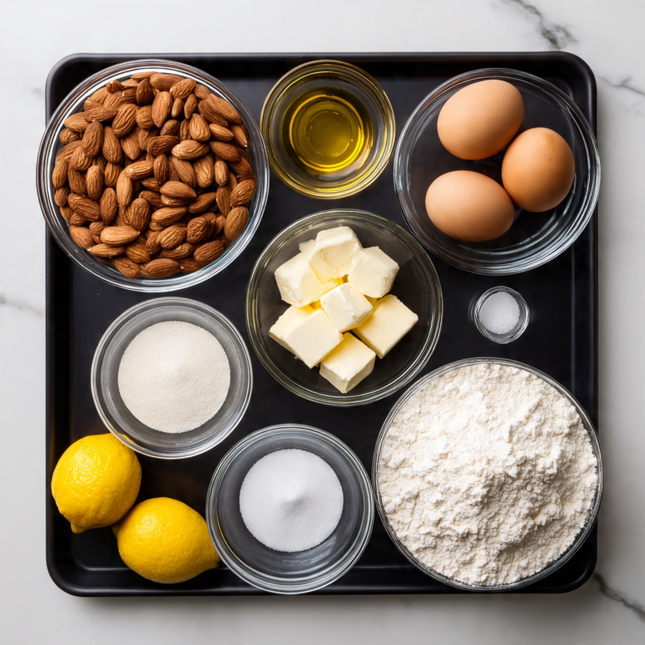 A black tray holds nine clear glass bowls arranged neatly on a white marbled surface. On the top left is a bowl filled with whole almonds, rich brown in color and smooth in texture. To the right, two brown eggs sit together in a slightly smaller bowl. Next, a bowl contains soft cream-colored chunks of butter, and beside it are two whole yellow lemons. Below the almonds is a bowl filled with fine white sugar, smooth and even in texture. In the center, a small bowl holds a mix of white powdery baking powder and salt. Below this is a bowl of clear golden liquid, likely vanilla extract, and next to it is an empty smaller bowl with a faint circular impression inside. On the far right is a large bowl full of white flour, fluffy and soft in appearance. The overall setup is clean and organized. Photo taken with an iphone --ar 4:5 --v 7