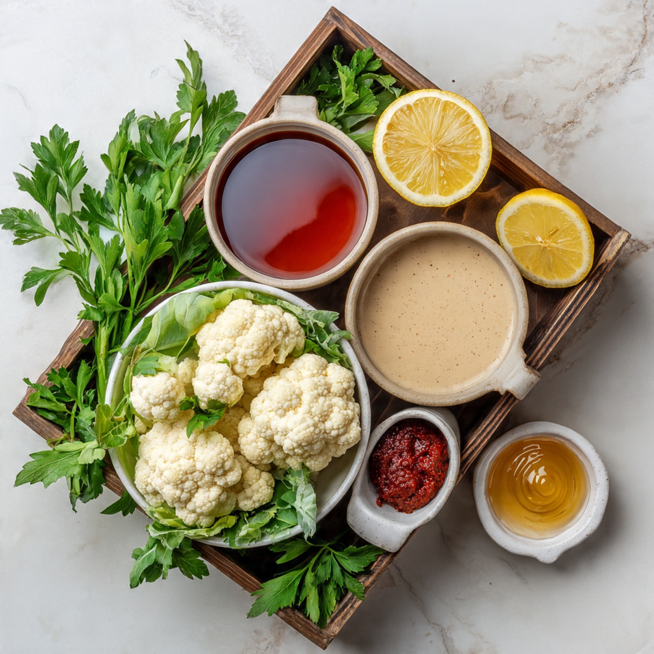 The image shows a wooden round tray placed on a white marbled surface. In the center is a white bowl full of white cauliflower florets. Above the bowl are green parsley leaves. To the top right, a wooden bowl holds two lemon halves showing their yellow inside. Next to it, a smaller wooden bowl contains red harissa paste with a chunky texture. On the top left, a wooden bowl holds smooth beige tahini sauce. Below it, a tiny white bowl with a thin brown edge contains a small amount of shiny honey. The arrangement is neat and the colors contrast well. photo taken with an iphone --ar 4:5 --v 7