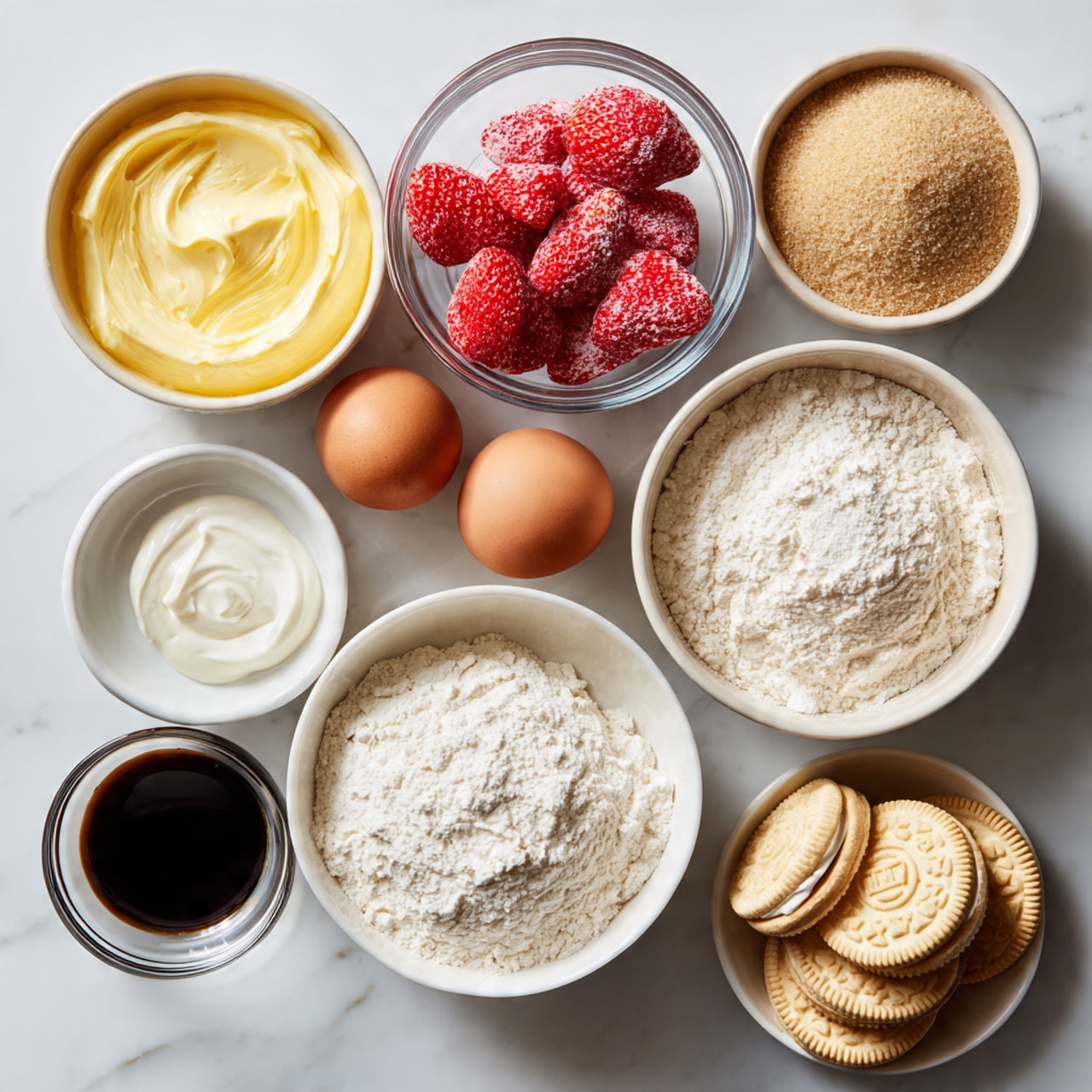 The image shows a flat lay of nine clear and white bowls arranged neatly on a white marbled surface, each filled with different baking ingredients. Starting from the top left, a white bowl has melted yellow butter with a smooth surface. At the top center, a clear glass bowl is filled with bright red freeze-dried strawberries, showing a rough, dry texture. To the right, another white bowl holds light brown sugar, looking grainy and soft. In the middle center, a white bowl is filled with white all-purpose flour, powdery and fluffy. Below it to the left, two brown eggs sit in a white bowl, smooth and shiny. Next to it on the left, a small clear bowl contains dark vanilla extract. Below that, a tiny clear bowl holds white baking soda mixed with cornstarch, powdery and fine. To the right, a white bowl has white granulated sugar with small crystals. Lastly, at the middle right, a clear bowl shows several golden Oreos stacked, smooth and embossed with patterns. The overall feel is tidy and organized with a simple white background. photo taken with an iphone --ar 4:5 --v 7