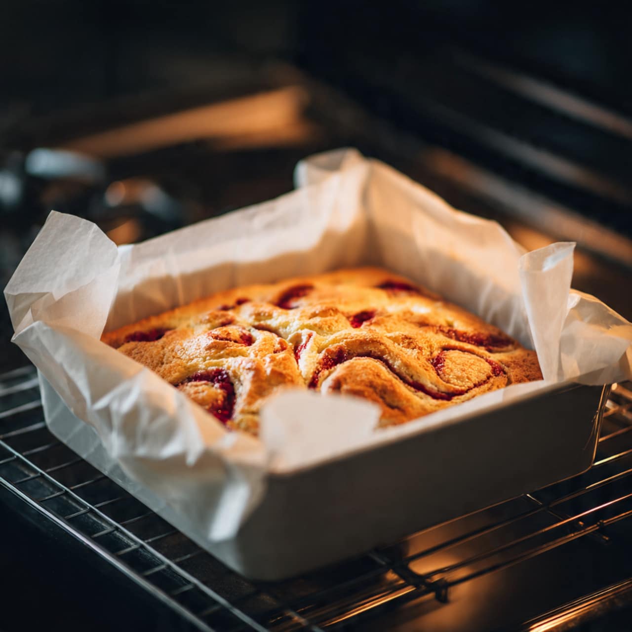 A square baked cake with a golden-brown crust fills a white baking tray lined with parchment paper. The cake surface shows swirls and patches of deep red fruit filling, creating a marbled effect across the soft, textured top. The red fruit appears mostly inside the cake, slightly oozing on the surface in random spots. The tray sits on a stove with a blurred black and silver background. photo taken with an iphone --ar 4:5 --v 7