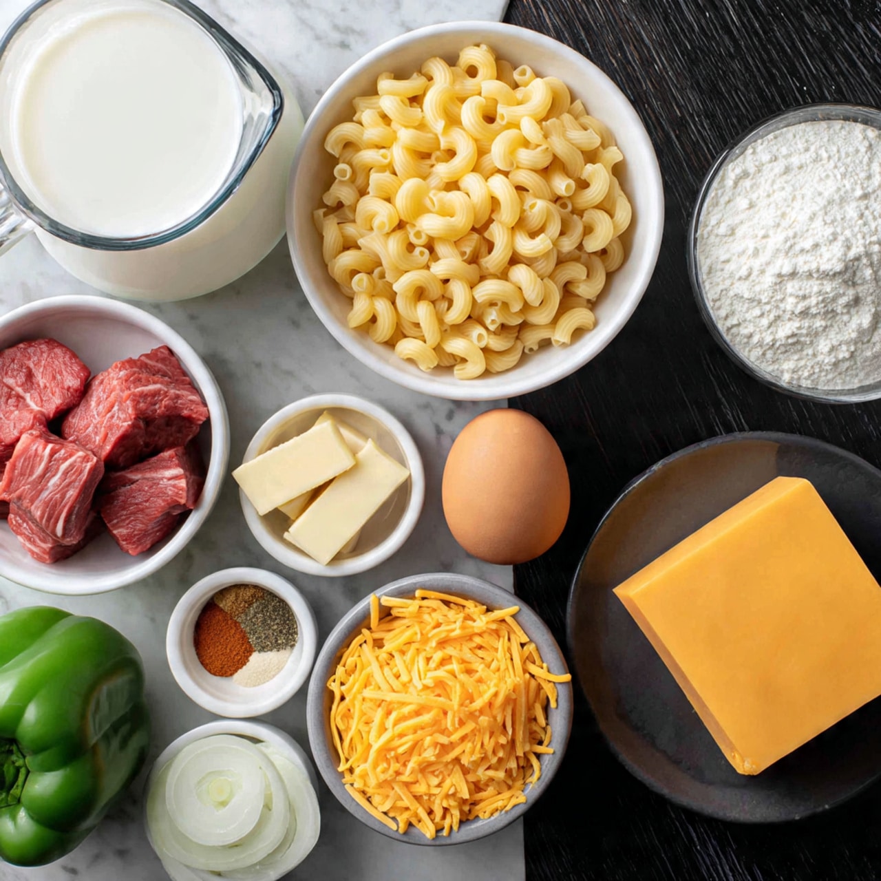 The image shows multiple ingredients arranged on a dark wooden surface with a white marbled texture background. There is a large transparent measuring cup filled with white milk, placed at the top left. Next to it on the right is a white bowl filled with cooked yellow macaroni. Below the milk is a white bowl with raw red beef chunks, and to the right of that is a dark round plate holding a block of orange cheese. Below the beef is a dark shallow dish with two pale yellow butter sticks, while next to it is a small white bowl with a mix of spices in orange, white, and tan colors. At the bottom center is a gray bowl filled with shredded orange cheddar cheese. To the right side, a whole green bell pepper sits beside small white bowls holding chopped white onions and white flour. In the center-top of all the ingredients lies a single brown egg. Photo taken with an iphone --ar 4:5 --v 7