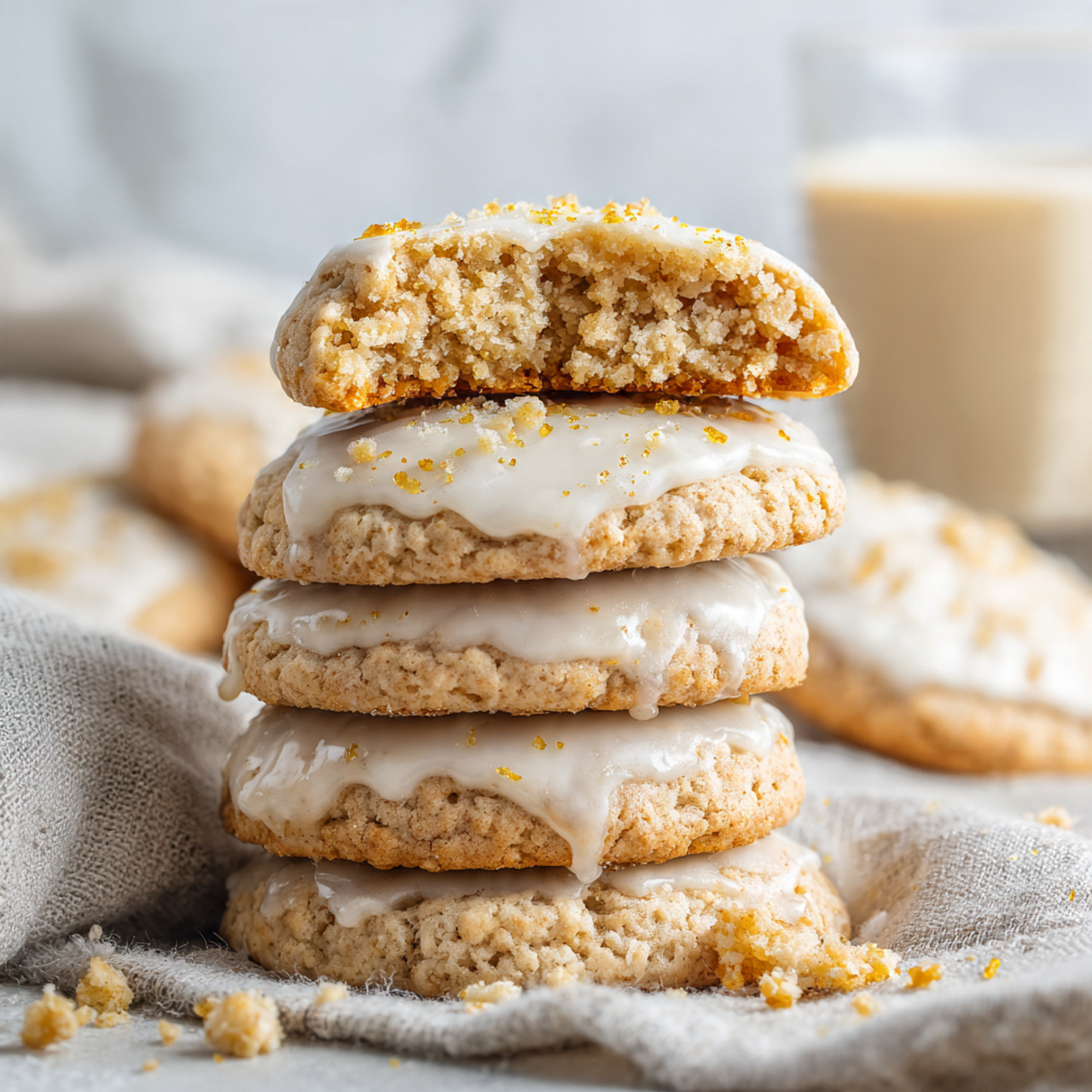 A stack of five soft oatmeal cookies with a light brown color, each dipped halfway in creamy white icing that has a smooth texture with small specks of cinnamon or spice on the top surface. The top cookie is broken in half, showing a moist, crumbly inside. They sit on a textured light gray fabric with a few cookie crumbs scattered around. In the background, a clear glass of creamy beige drink is slightly blurred, and a white marbled textured surface is visible. photo taken with an iphone --ar 4:5 --v 7