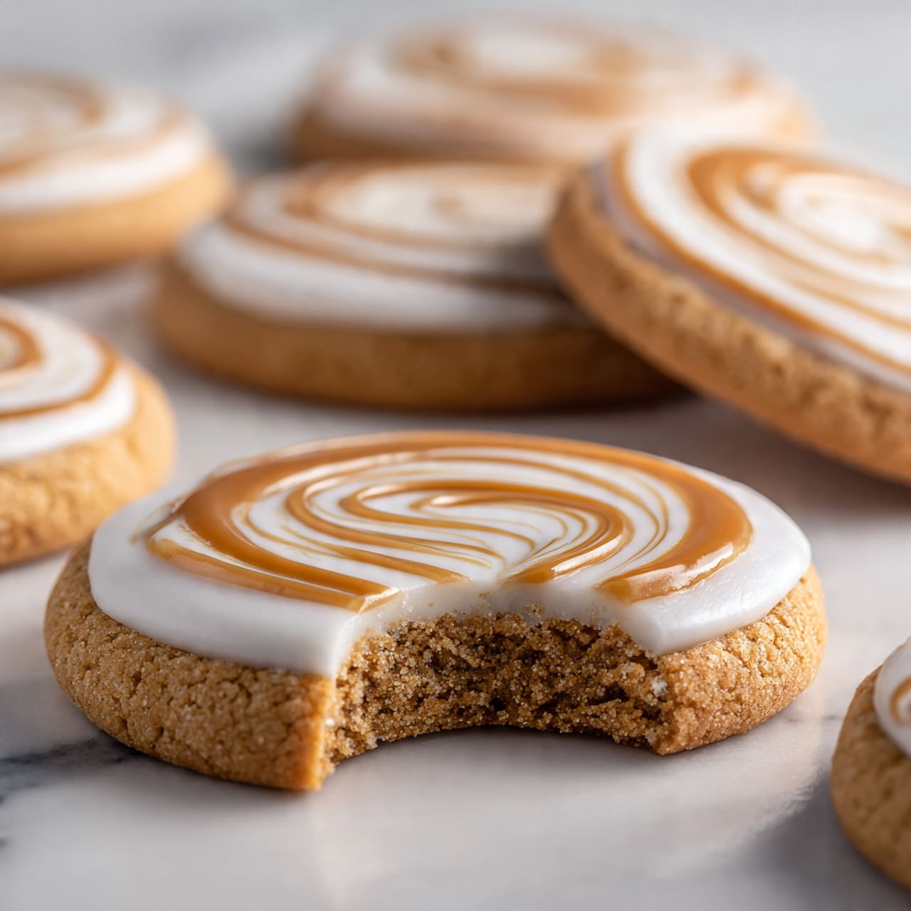 The image shows soft, round cookies with a rough, crumbly light brown base layer. Each cookie is topped with a thick, smooth white frosting layer that spirals evenly over the cookie. Over the white frosting, there's a glossy caramel-colored drizzle that loops over in a soft, flowing pattern. One cookie in the front has a bite taken out of it, showing the soft texture inside. The cookies are arranged on a white marbled surface, and the background is softly blurred to keep the focus on the cookies. photo taken with an iphone --ar 4:5 --v 7