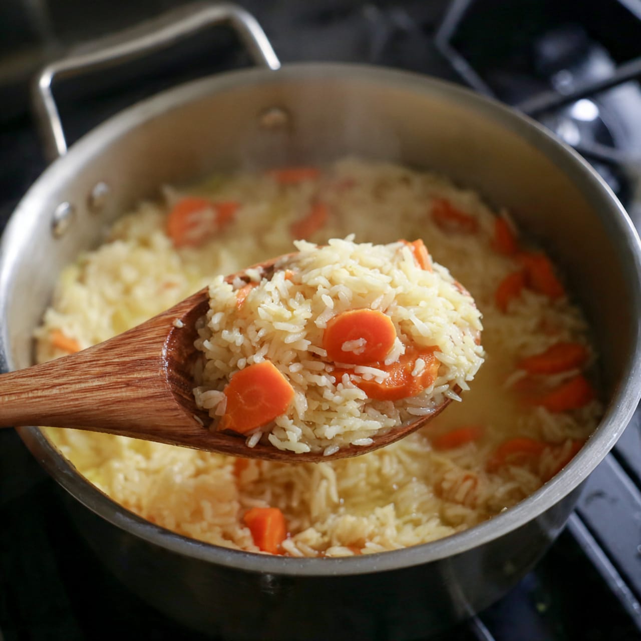 A silver metal pot filled with a mix of cooked white rice and sliced orange carrots in a light yellow broth. A wooden spoon with a smooth texture lifts a scoop of the mixture, showing detailed soft rice grains and tender carrot slices. Steam rises softly from the pot, and the pot sits on a black stove. The focus is on the spoon and the colorful food inside the pot, with the background gently blurred. Photo taken with an iphone --ar 4:5 --v 7