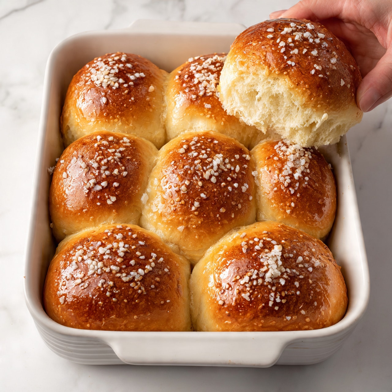 The image shows six golden brown soft bread rolls close together in a white rectangular baking dish. Each roll has a smooth, shiny top with a slightly darker brown crust and a light sprinkle of coarse sugar crystals. The rolls are thick and fluffy-looking with visible soft texture inside. A woman's hand is gently pulling one roll from the top right corner, showing the fluffy interior and crumbly edges. The dish is set on a white marbled surface. Photo taken with an iphone --ar 4:5 --v 7