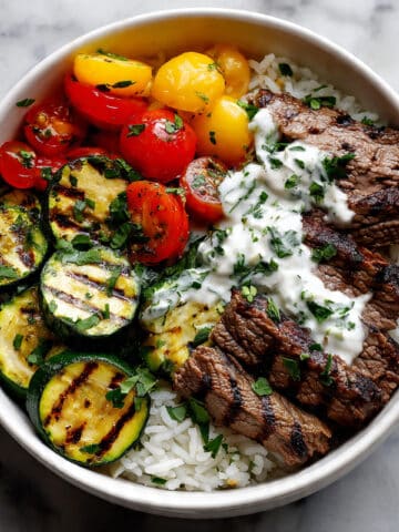 Grilled Steak Bowl with Creamy Garlic Herb Sauce and Grilled Zucchini Recipe