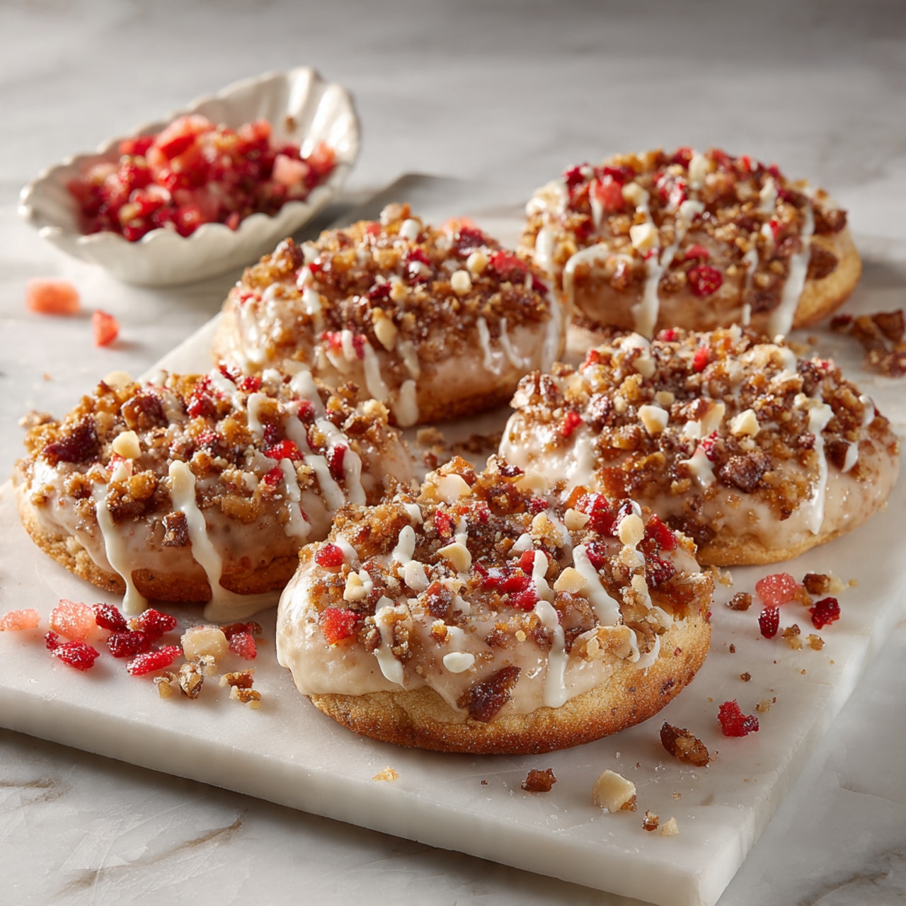 A close-up view of nine round cookies on a black wire cooling rack resting on a light brown baking tray with white parchment paper beneath. Each cookie has a golden brown base with a rough texture. On top, there is a drizzle of white icing spread unevenly, and small chunky red bits sprinkled all over, adding pops of bright color. The tray sits on a white marbled surface. photo taken with an iphone --ar 4:5 --v 7
