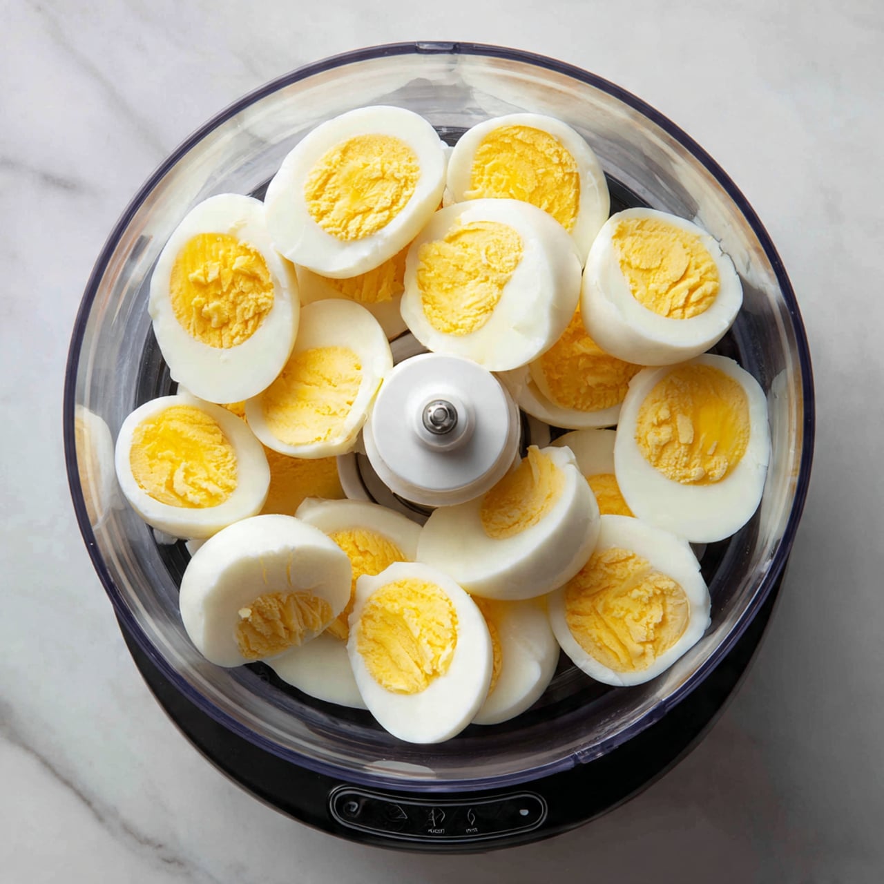 A clear food processor bowl is filled with about ten halved hard boiled eggs, showing white outer layers and yellow yolks in the middle. The eggs are arranged loosely around the center mechanism, which is white and short with a small metal screw at the top. The food processor base below is black with visible buttons and details. All of this is set on a white marbled surface. Photo taken with an iphone --ar 4:5 --v 7