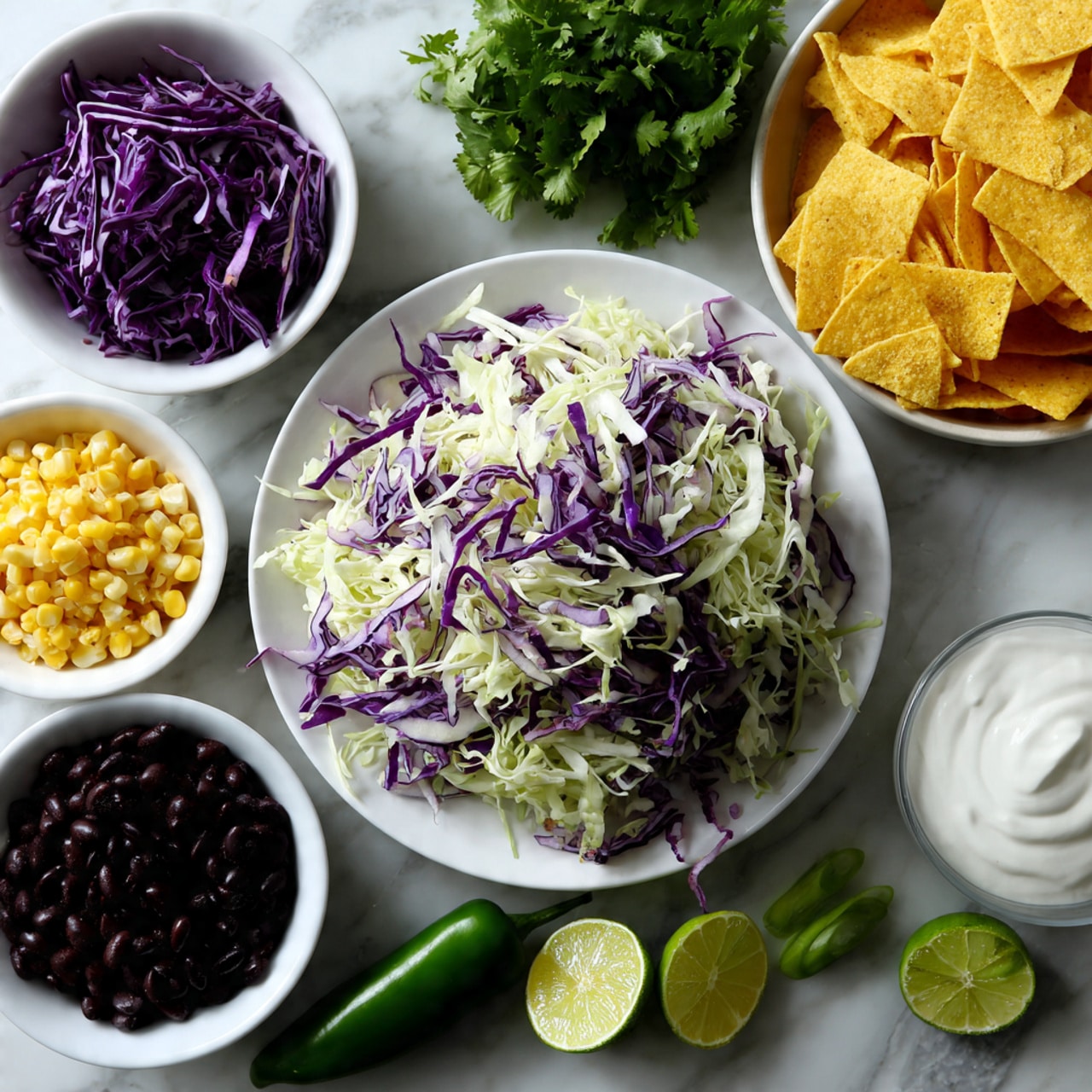 The image shows a white plate full of shredded cabbage mixed with a few thin pieces of purple cabbage on the top left. To its right is a white bowl filled with square-shaped yellow corn chips. Below the cabbage are small white bowls containing red salsa, yellow cooked corn kernels, and black beans, each placed separately. On the bottom left, there is a white dish with a lime half and some chili powder. In the middle, a green jalapeño pepper lies next to two lime wedges. To the right, there is a white bowl of thick white sauce or sour cream and some fresh green cilantro sprigs with green onions laying beside them. All items are placed on a white marbled surface. photo taken with an iphone --ar 4:5 --v 7