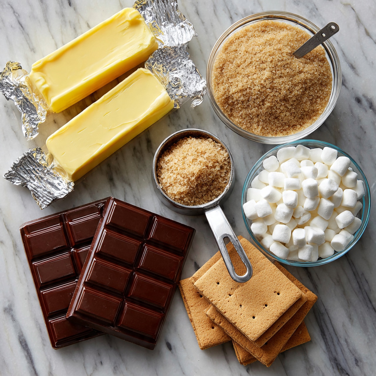 The image shows a white marbled surface holding various ingredients arranged separately for making s'mores. There are two sticks of yellow butter in wrappers on the top left, a metal measuring cup filled with light brown sugar on the top right, a clear glass bowl full of small white marshmallows on the far right, several stacked light tan graham crackers at the bottom left, and three rectangular pieces of dark brown chocolate bars in the center. Each ingredient is clearly visible with labels placed near them describing each one. photo taken with an iphone --ar 4:5 --v 7