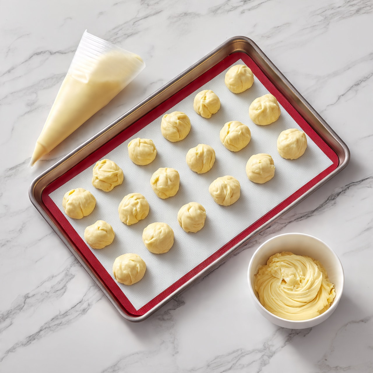 The image shows a metal baking tray with a red rim, lined with a white silicone baking mat that has 20 dollops of light yellow dough arranged in four neat rows and five columns. To the left of the tray, there is a piping bag filled with more yellow dough, resting on a white marbled surface. To the right of the tray, there's a small empty white bowl also placed on the white marbled surface. The dollops of dough are smooth and round, each with a little peak at the top, showing a soft texture. photo taken with an iphone --ar 4:5 --v 7