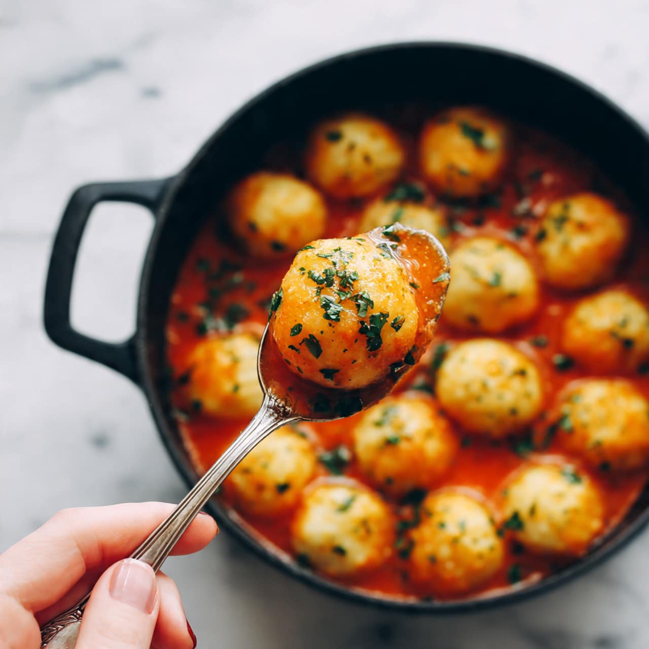 A close-up view of a silver spoon holding a rounded dumpling covered in orange-red tomato sauce with small green herb pieces, slightly chunky and soft in texture. The spoon is held by a woman's hand over a black cooking pot filled with more dumplings in the same vibrant orange-red sauce, giving a warm and rich look. The background surface is white marbled texture. Photo taken with an iphone --ar 4:5 --v 7
