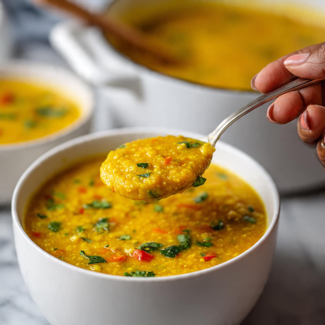 A white bowl filled with thick, bright yellow soup that has a grainy texture, topped with small green herb pieces and tiny red flakes. A silver spoon held by a woman's hand is lifting a scoop of the soup, showing its smooth yet slightly chunky consistency. In the softly blurred background, there is a white casserole dish with more of the same yellow soup, placed on a white marbled surface. The overall look is warm and comforting with vibrant colors. photo taken with an iphone --ar 4:5 --v 7