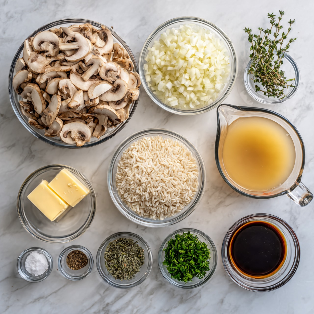 The image shows several clear glass bowls and a measuring cup arranged on a white marbled surface, each holding different cooking ingredients. Starting from the top left, a large bowl is filled with light brown sliced mushrooms, below it a smaller bowl contains finely chopped white onion. Near the bottom left, a small bowl holds a solid square of pale yellow butter. Moving toward the center, a medium bowl is full of white rice grains. Above it, a tiny bowl has minced garlic, and next to it, a small bowl holds light green fresh thyme leaves. To the right, a clear measuring cup is filled with light golden chicken broth. Below that, a small bowl contains dark green chopped fresh parsley. Near the bottom right, a tiny bowl is filled with dark brown Worcestershire sauce, and next to it another small bowl holds salt and black pepper. At the center left, a small bowl has a light yellow olive oil. All containers are evenly spaced on the marble background. photo taken with an iphone --ar 4:5 --v 7