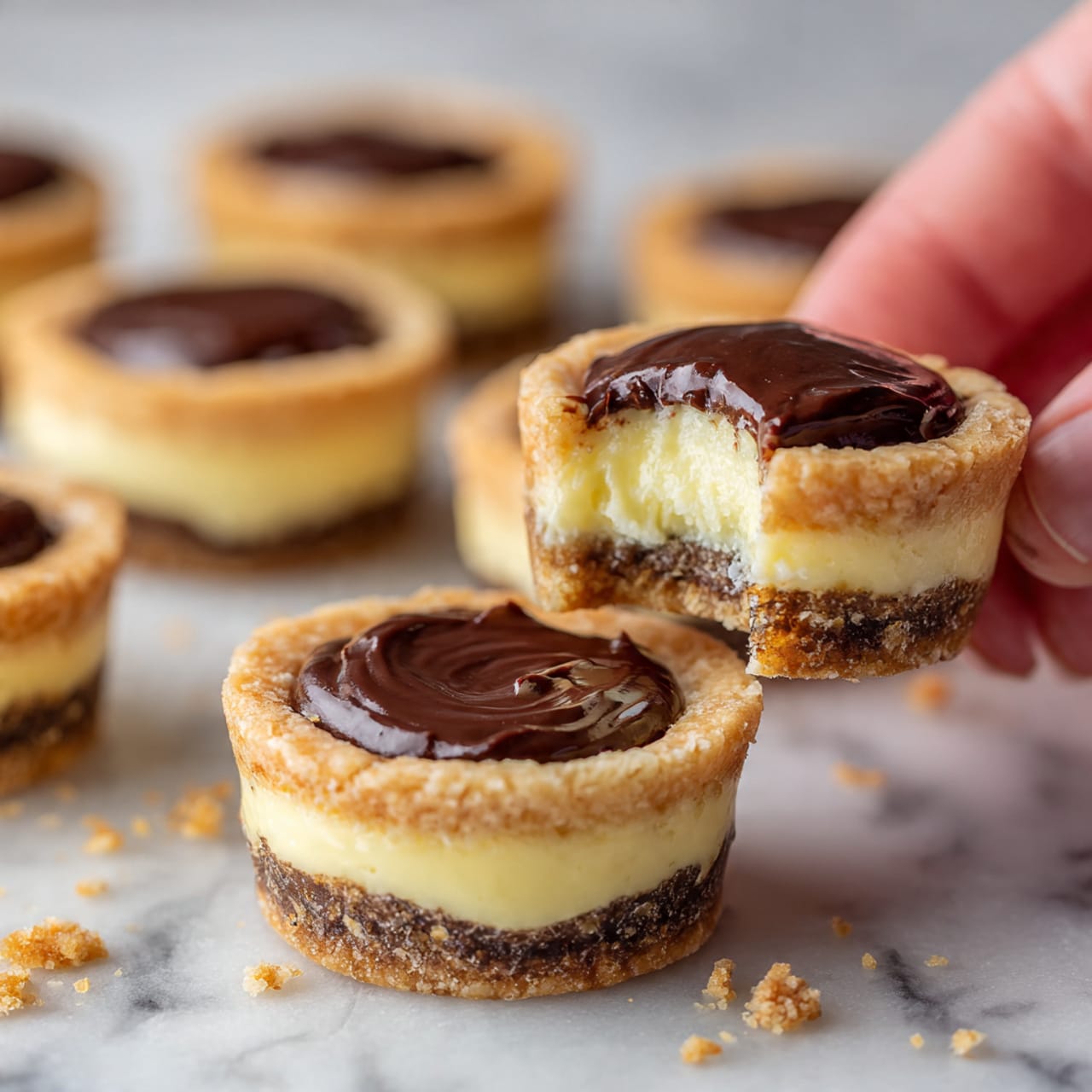A close-up image shows a layered cookie on a white marbled surface, placed on a small piece of white parchment paper. The cookie has three layers: the bottom and top layers are golden-brown, soft-looking round cookies with sugar crystals on the top cookie, and the middle layer is a thick, smooth, creamy yellow filling. A thick, shiny dark chocolate sauce is being poured over the top cookie, creating a glossy, rich swirl that spills over the side. In the blurred background, two similar cookies are visible. Photo taken with an iphone --ar 4:5 --v 7