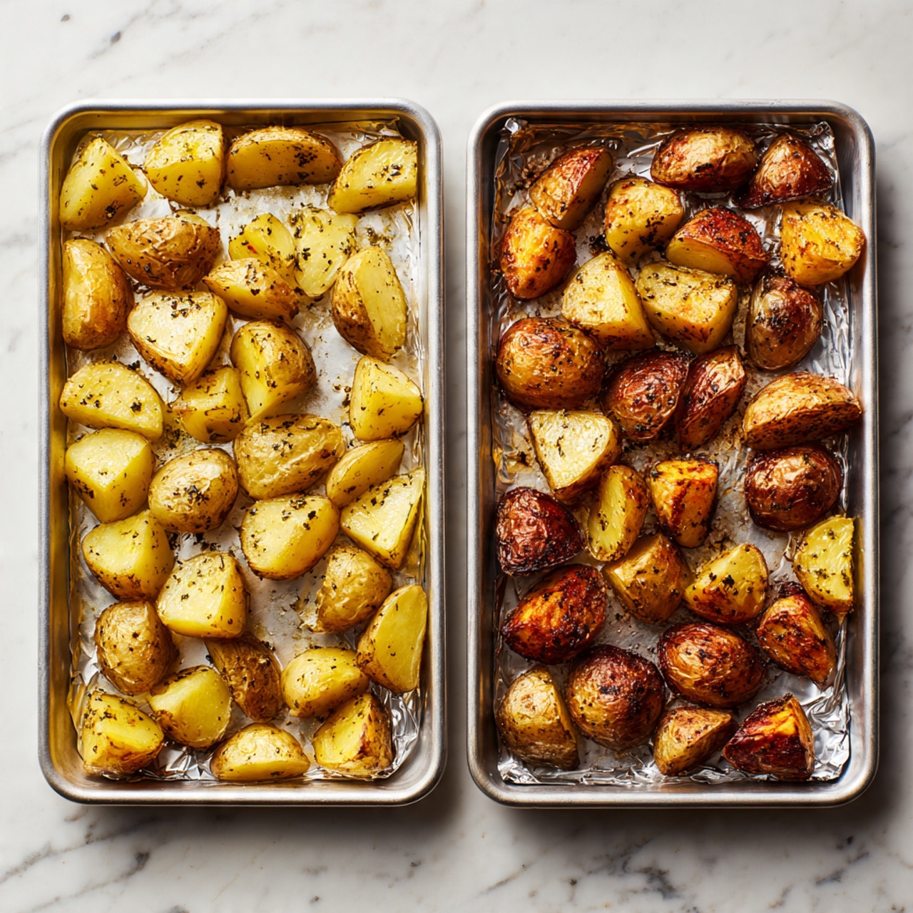 The image shows two side-by-side white baking trays covered with crinkled aluminum foil on a white marbled surface. The left tray holds raw potato pieces, each cut into large, thick chunks with yellowish skin and flesh, spread evenly with light oil and seasoning visible on their smooth, firm surface. The right tray holds roasted potato pieces of similar size and shape, their skin a deeper golden brown with blistered, crispy edges and a textured, browned surface marked by seasoning and a slight crisp shine. Both trays have roughly 20 potato pieces arranged loosely with space in between. Photo taken with an iphone --ar 4:5 --v 7
