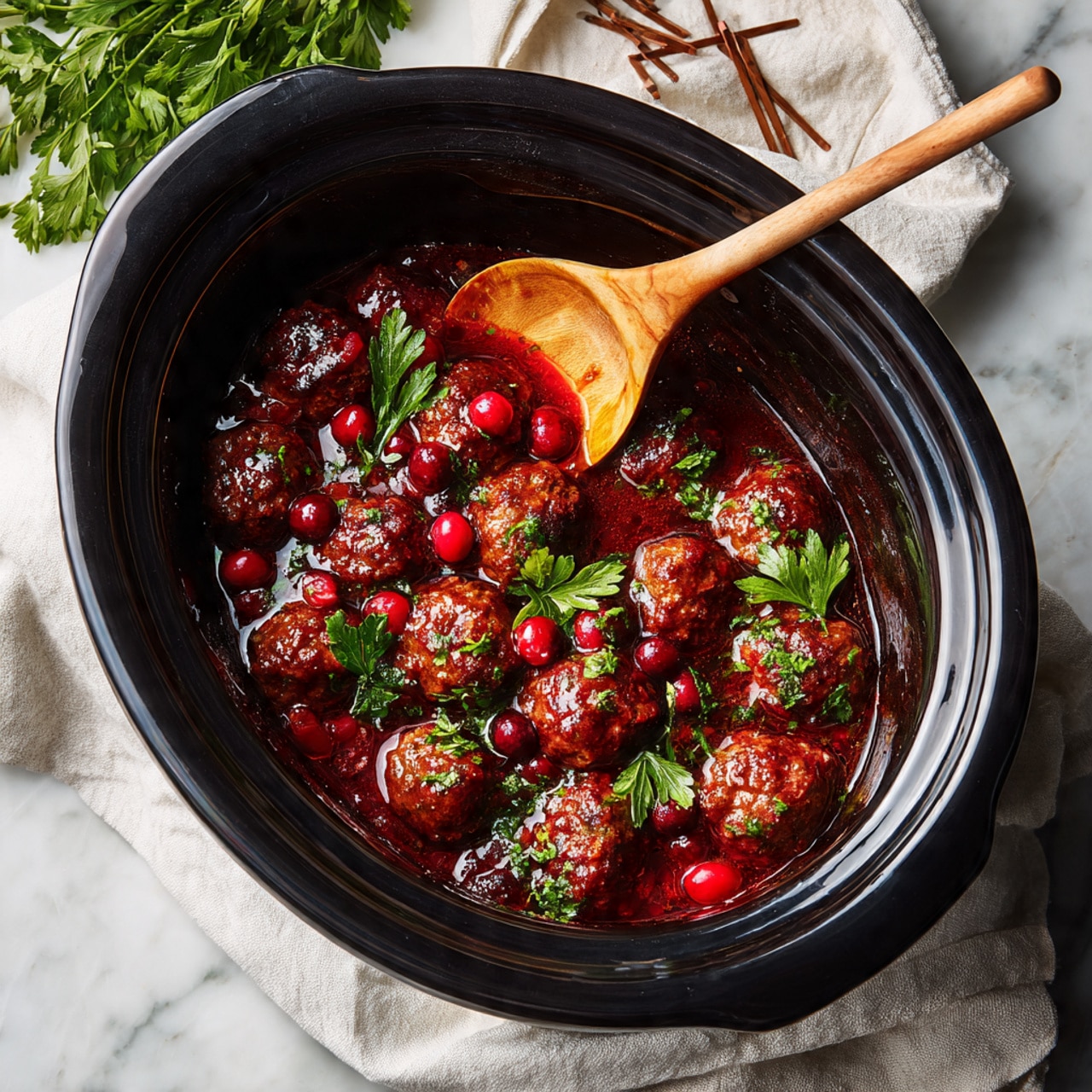 A black slow cooker filled with two main layers: the bottom layer is a rich, dark red sauce with a shiny texture, and on top are many round meatballs evenly covered in the same sauce. Scattered among the meatballs are small, bright red berries, and there are a few sprigs of fresh green parsley placed on top for decoration. A wooden spoon rests inside the cooker, partially submerged in the sauce and meatballs. The slow cooker sits on a white cloth over a white marbled surface, with some green parsley and wooden matches visible in the background. photo taken with an iphone --ar 4:5 --v 7