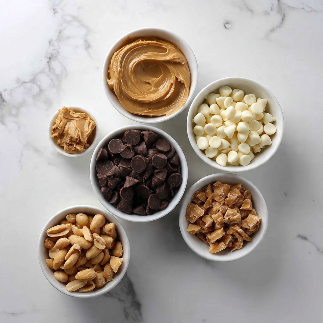 The image shows five white bowls on a white marbled surface, each filled with a different ingredient. The top left bowl contains creamy, light brown peanut butter with smooth swirls on its surface. To the right, a bowl is filled with small, round, white chocolate chips piled high. Below the peanut butter, a bowl holds dark brown chocolate chips, similarly shaped but with a richer color. At the bottom left, a bowl is filled with dry roasted peanuts, golden brown with a rough texture. The smallest bowl, to the right of the peanuts, contains small, light to medium brown toffee bits with a crumbly texture. The arrangement is neat, with each bowl distinctly visible and evenly spaced. photo taken with an iphone --ar 4:5 --v 7