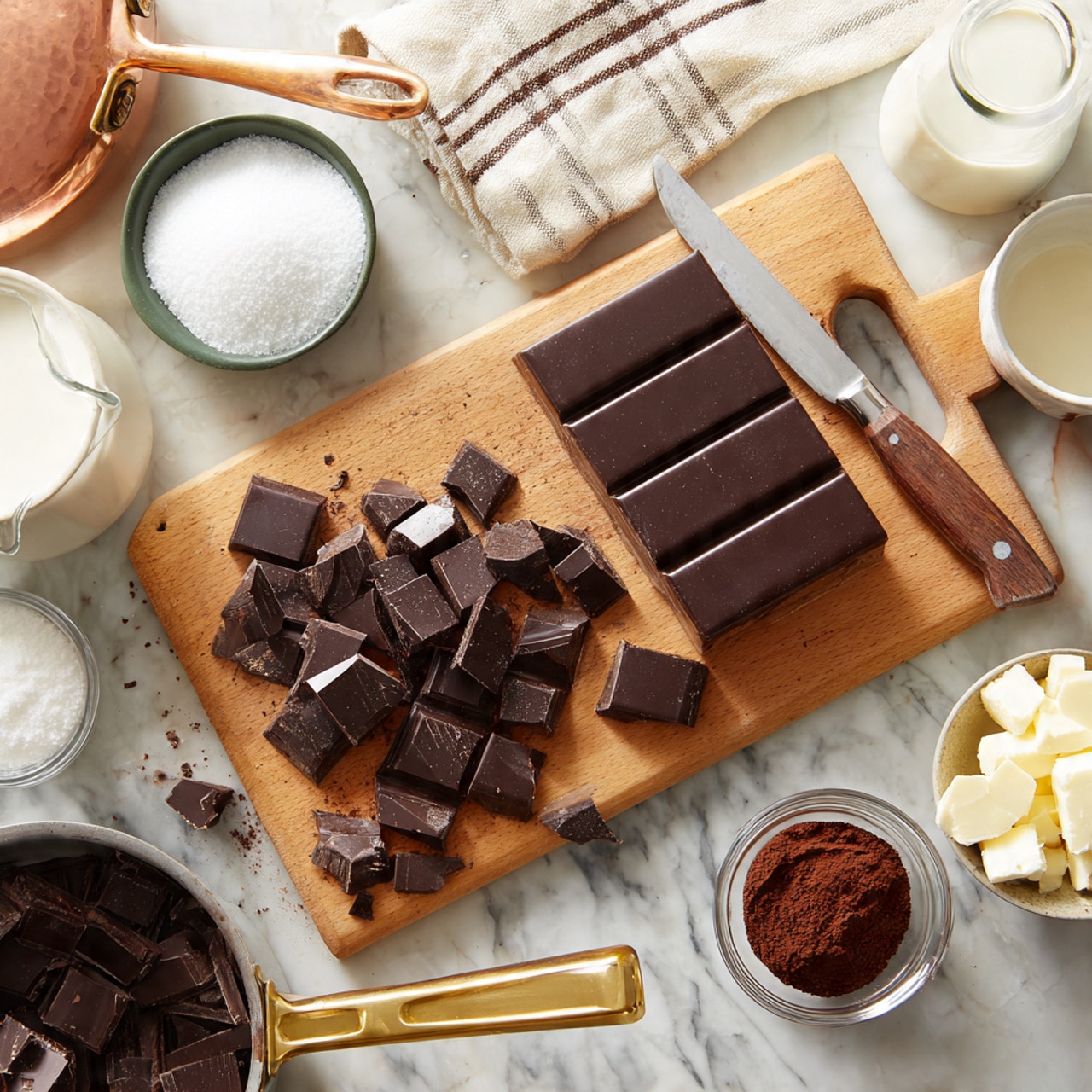 The image shows a wooden cutting board on a white marbled surface, with a large block of dark chocolate broken into pieces near the center and a knife with a wooden handle resting among the chocolate shards. Around the cutting board, there are small glass bowls filled with white sugar and whipped cream, a small metal measuring cup filled with cocoa powder, a clear glass jug filled with milk, a small bottle of vanilla extract, and a white bowl with more chocolate pieces. A copper saucepan with a gold handle and a cream-colored towel with dark checks are in the upper left corner. The photo taken with an iphone --ar 4:5 --v 7