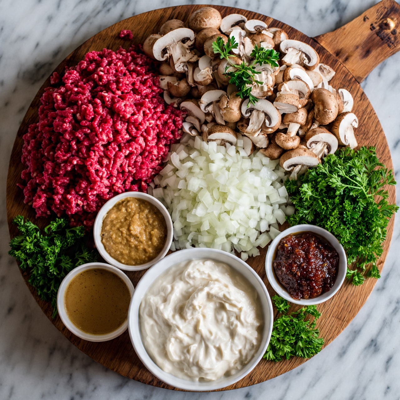 A wooden round board with a handle holds an arrangement of cooking ingredients on a white marbled surface. On the left side, there is a large pile of raw, finely chopped red meat. Above the meat, there is a pile of sliced brown mushrooms topped with a small sprig of green herbs. To the right of the mushrooms, there is a pile of finely chopped white onions. Next to the onions, there are three small containers: one holding a light brown mustard sauce, one with a dark brown liquid, and one with a chunky red paste. In front of these containers, there is a larger white bowl filled with thick, creamy white yogurt or sour cream. Fresh green parsley leaves are scattered around the board on the marbled surface. photo taken with an iphone --ar 4:5 --v 7