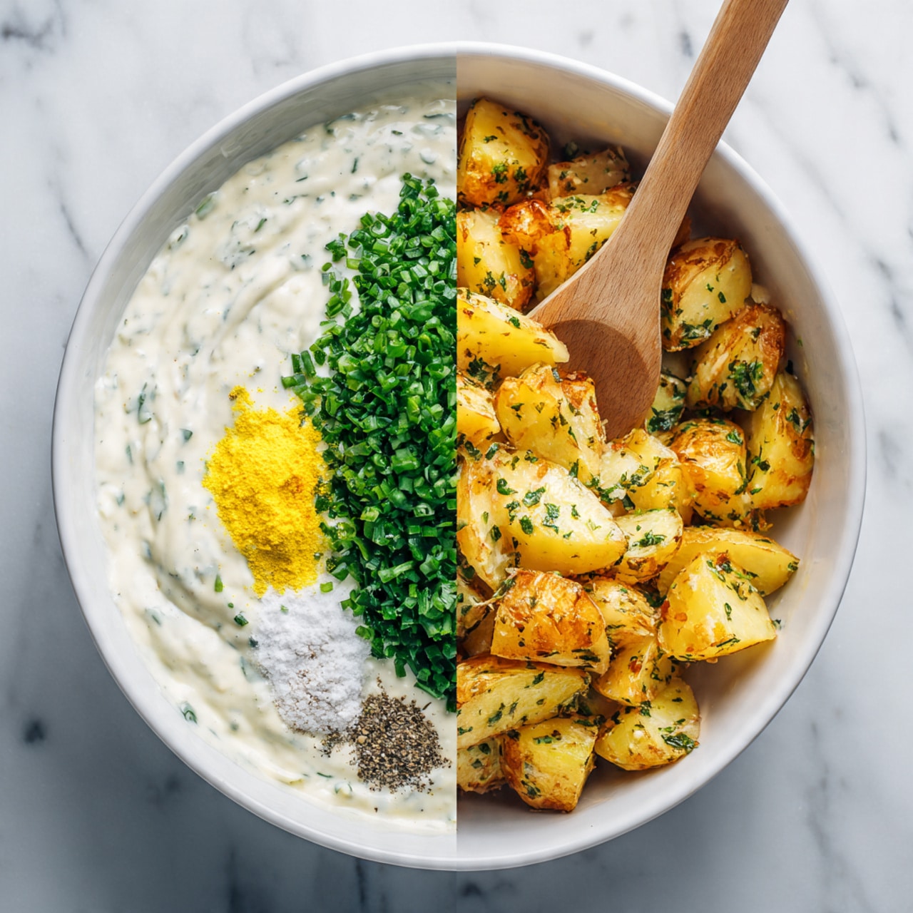 The image is split in two side-by-side photos of a white bowl on a white marbled surface; on the left side, the bowl contains separate layers of thick white sauce covering the base, a heap of bright green chopped herbs on the left, a smaller pile of chopped green onions on the right, a scoop of yellow mustard near the center, a sprinkle of black pepper and salt nearby, and a wooden spoon resting inside the bowl; on the right side, the ingredients are fully mixed into the creamy white sauce with specks of herbs visible, coating golden brown roasted potato pieces scattered inside the bowl, two wooden spoons partially lifting and stirring the sauced potatoes; photo taken with an iphone --ar 4:5 --v 7