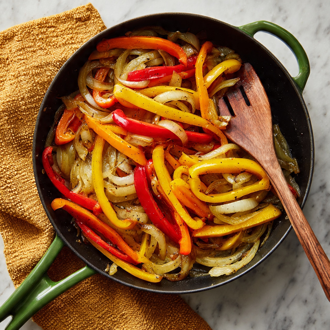Inside a black round pan with a green handle, there are three layers of cooked vegetables. The bottom layer shows caramelized light brown onion slices with a soft texture curling around the edges. On top of this, there are bright yellow, orange, and red bell pepper strips that are tender and slightly shiny. A wooden spatula with a smooth grain rests diagonally on the right side, mixing the vegetables gently. The pan is placed on a folded yellow textured cloth, all set against a white marbled surface. Photo taken with an iphone --ar 4:5 --v 7