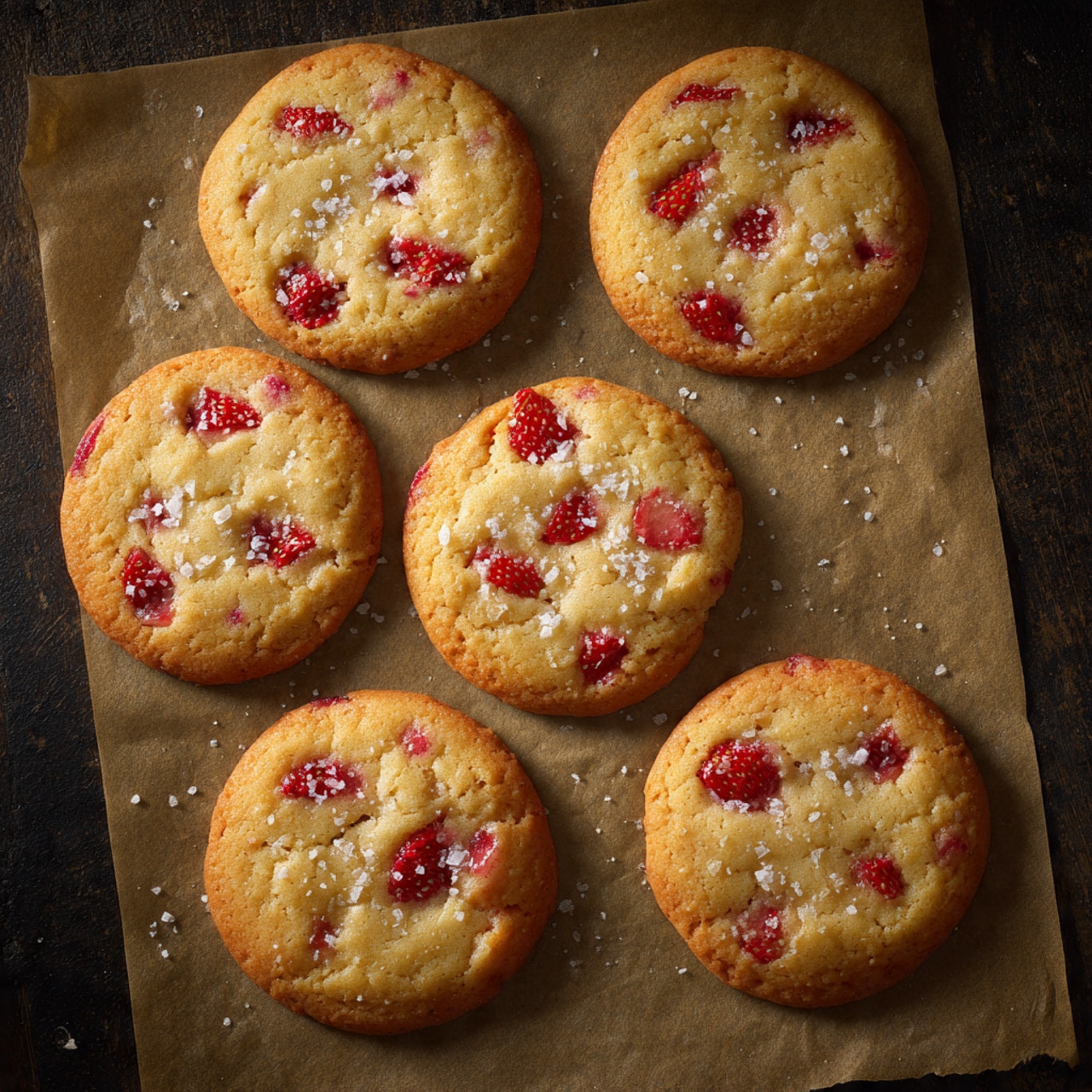 The image shows six round cookies on brown parchment paper over a baking tray. Each cookie has a golden-baked textured surface with generous pieces of red strawberries spread through the dough, making the cookies look soft and chunky. The cookies vary slightly in size and shape but all have a rough, homemade look with some sugar crystals visible on the parchment paper. The background is replaced by a white marbled texture. photo taken with an iphone --ar 4:5 --v 7