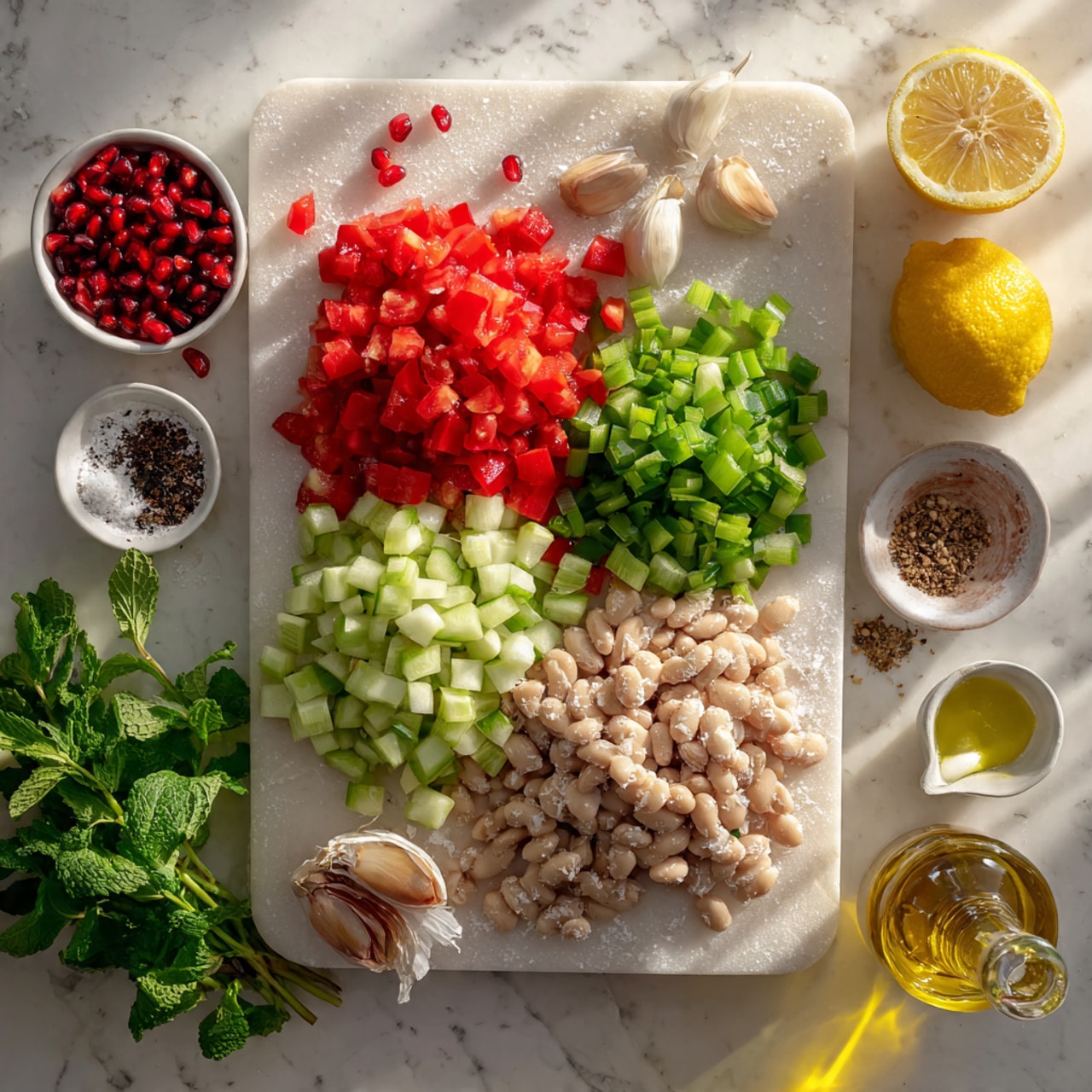 The image shows a clear cutting board on a white marbled surface with three piles of chopped vegetables: small red tomato pieces on the left, light green cucumber cubes in the middle, and sliced green onions on the right. Above the vegetables, there is a lemon half, a small garlic clove, and a small dish of black pepper and salt. Surrounding the board are small white bowls filled with pomegranate seeds, crumbled white cheese, cooked beige beans with dark spots, and a dark liquid, along with a glass bottle of yellow oil and some fresh green mint leaves. The scene is bright with natural light, highlighting the fresh and colorful ingredients. photo taken with an iphone --ar 4:5 --v 7