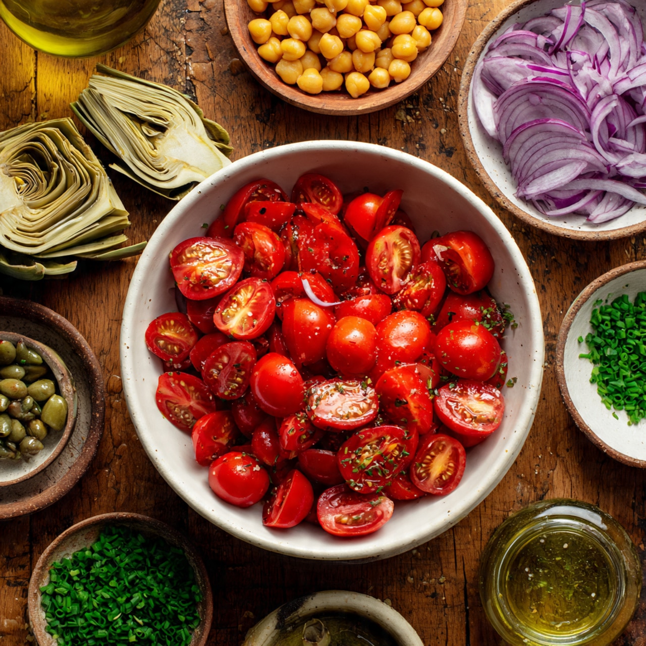 In the center, there is a white bowl filled with bright red cherry tomatoes sliced in half, showing their juicy inside. Around the bowl, on a wooden surface, are small white and brown dishes with various ingredients: thin rings of purple onion in a brownish bowl, golden chickpeas in a white bowl, bright green chopped herbs in a white bowl, dark green chives in a brown bowl, small green capers in a tiny white bowl with a brown rim, and artichoke hearts in a clear jar with oil. A bottle of green herb oil is also seen near the bottom. The scene is set on a rustic wooden table. photo taken with an iphone --ar 4:5 --v 7